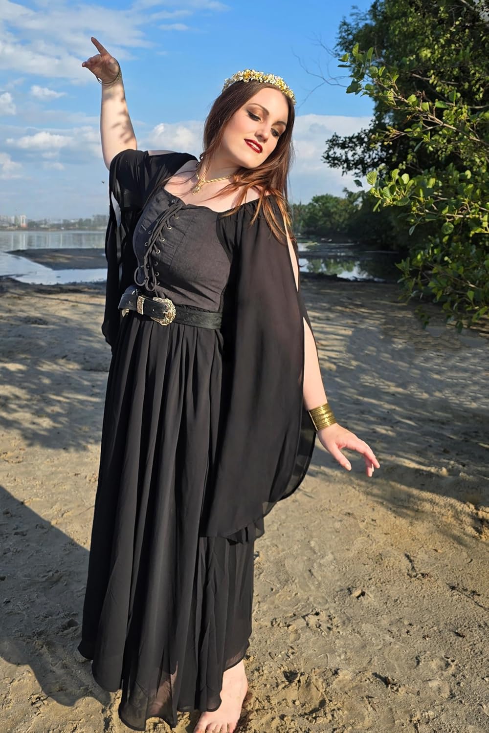 Scarlet Darkness Renaissance Costume Women Pirate Dresses Split Bell Sleeve Medieval Ren Faire Dress with Pockets - Image 5