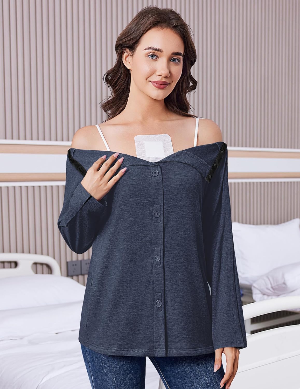 Deyeek Mastectomy Shirts with Drain Pockets Tear Away Side Snap Post Shoulder Surgery Shirts Women Chemo Port Dialysis Shirt - Image 3