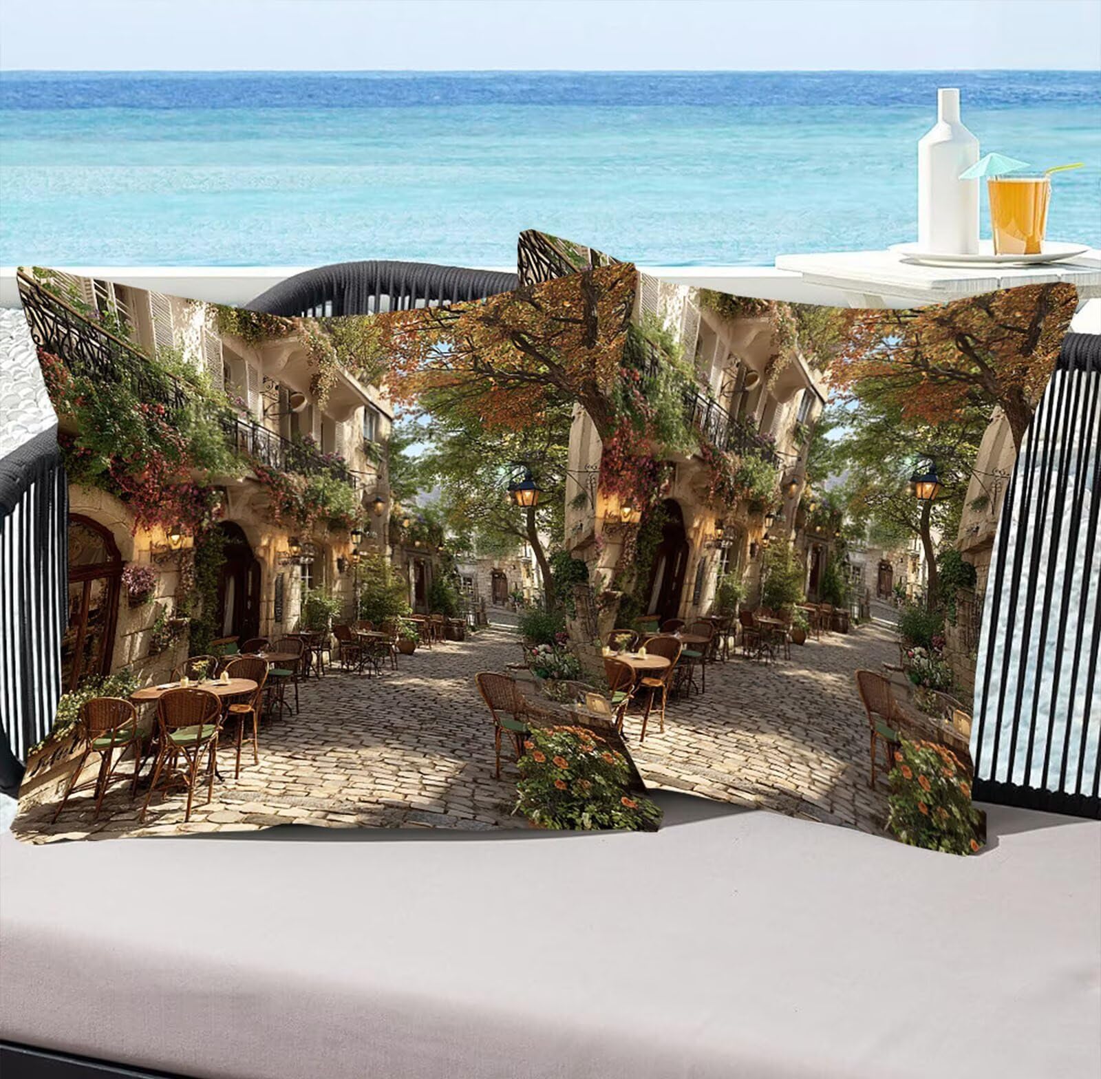 Straßenblick Samt Kissenbezug 60 x 60 cm 2er Set Kissenhülle Sofakissen Samtkissen Dekorative Dekokissen Couchkissen Wurfkissenbezug mit Verstecktem Reißverschluss Sofa Wohnzimmer Geschäft 0P-406