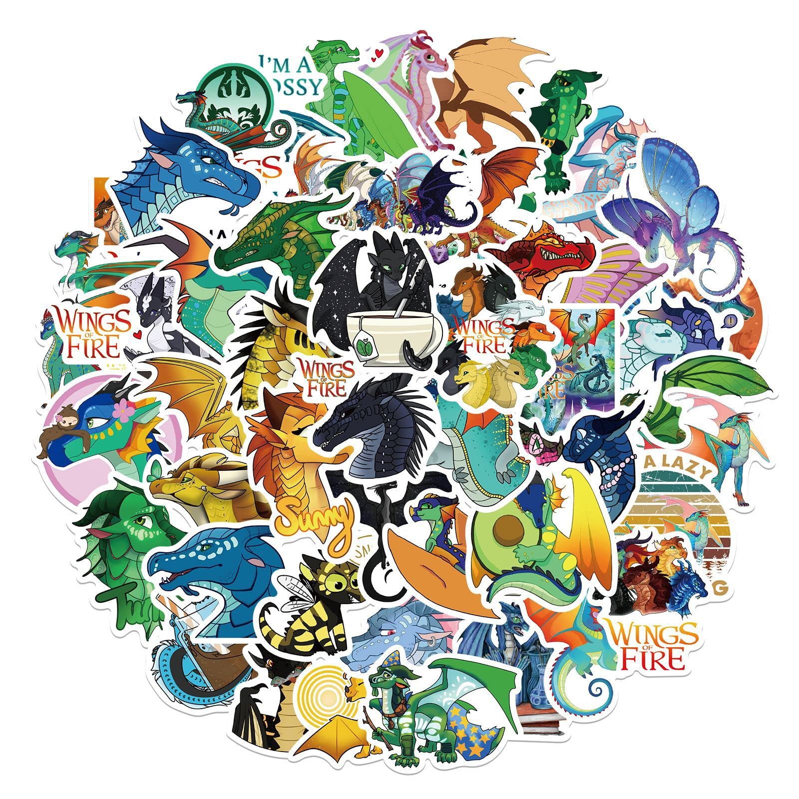 XSMIN 50Pcs Animal Wings of Fire Stickers Pack Cute Cartoon Dragon Stickers for Kids Waterproof, Vinyl Laptop Kids Stickers Pack, Kids Classroom Prizes for Elementary Students (Wings of Fire)
