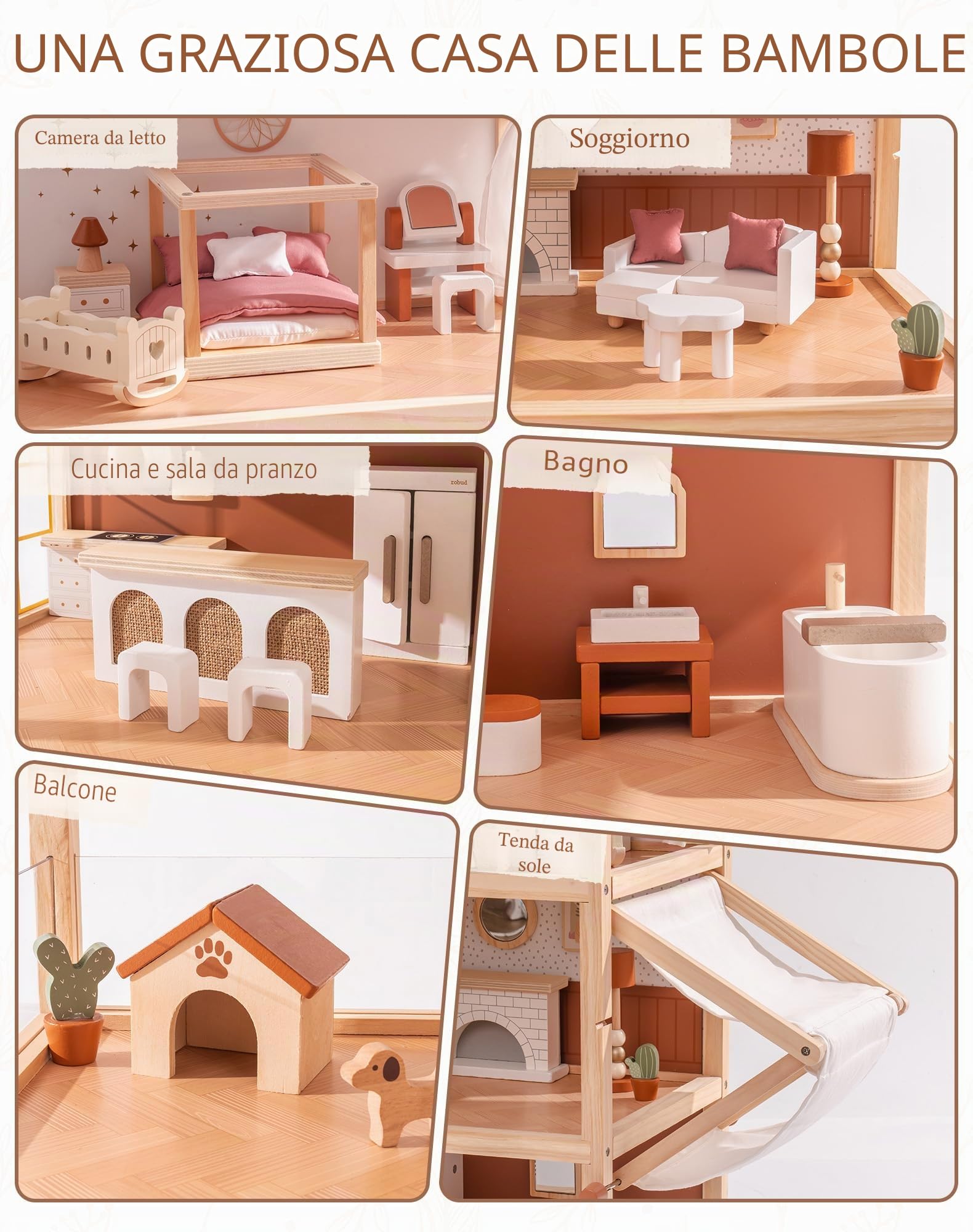 ROBUD Casa Delle Bambole in Legno in Stile Bohémien con 37 Pezzi Di Mobili Realistici e Accessori per Bambole - Giocattolo per Il Gioco Di Ruolo, Regalo per Bambini Bambine dai 3 Anni +