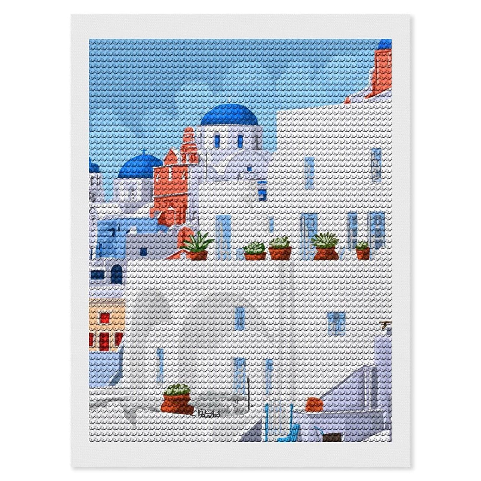 Junmoney The Santorini Vacay Diamond Art Canvas 12"x16", Easy to Follow Symbols, Finish and Display, Fun Craft Experience, Aesthetic Room Decor