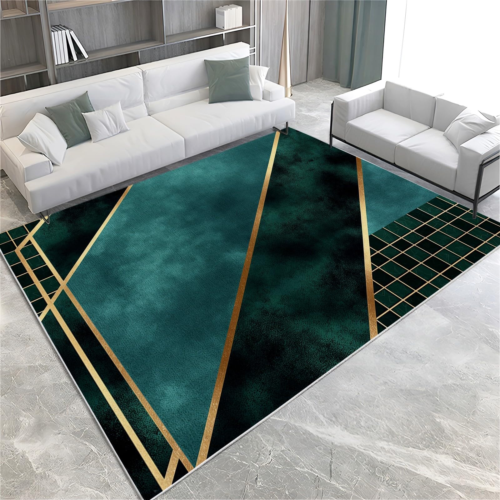 Teppich Grüne Geometrie 120x180 cm Wohnzimmer Teppich Schlafzimmer Teppich Modern Waschbarer Kurzflor Teppiche rutschfest Flauschig Weiche Teppiche