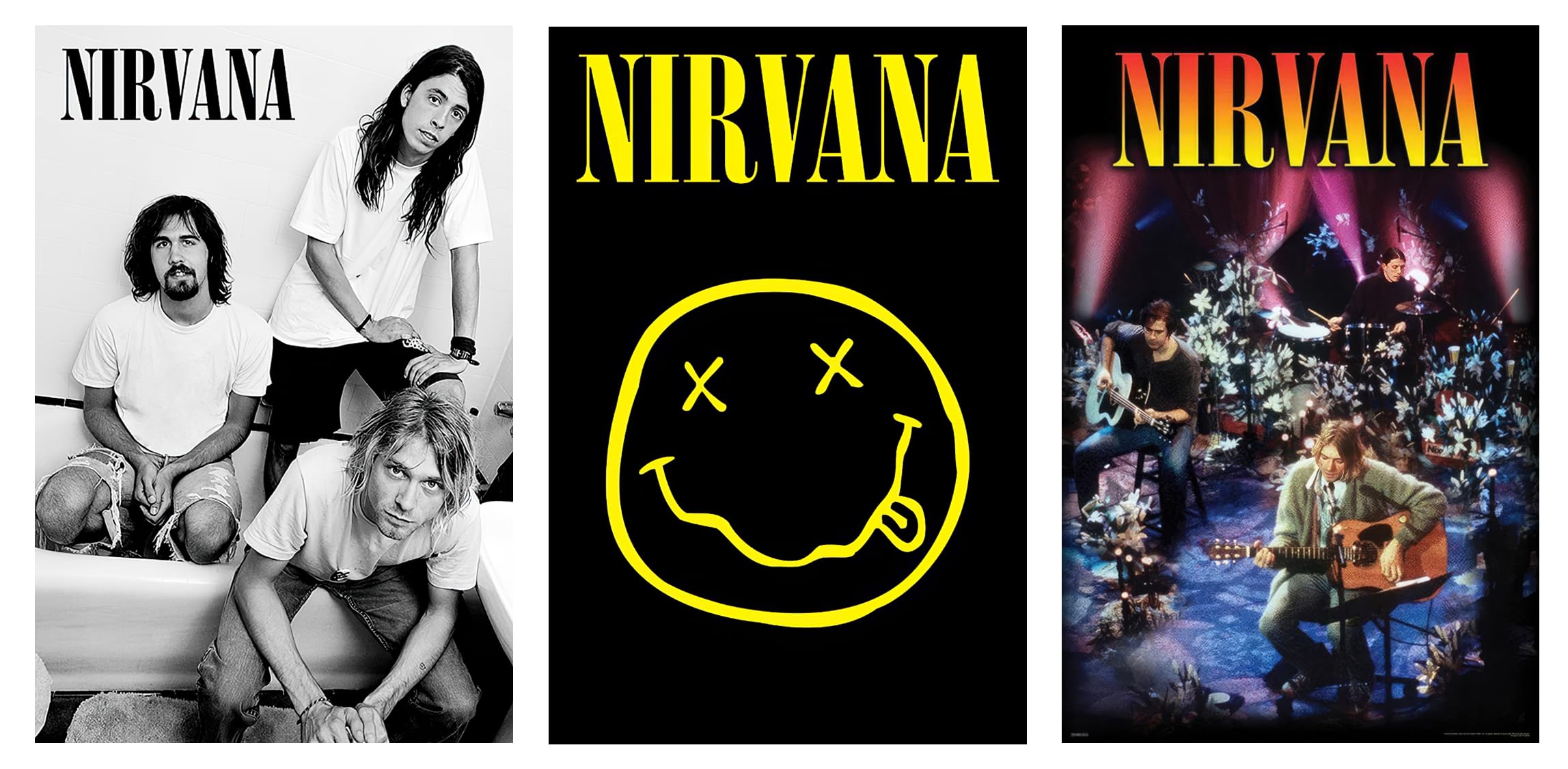 Nirvana - 3 Piece Music Poster Set (Kurt, Dave & Krist in Bathroom, Smiley Logo & MTV Unplugged Album Cover) (Size: 24" x 36" each) (Unframed Posters)