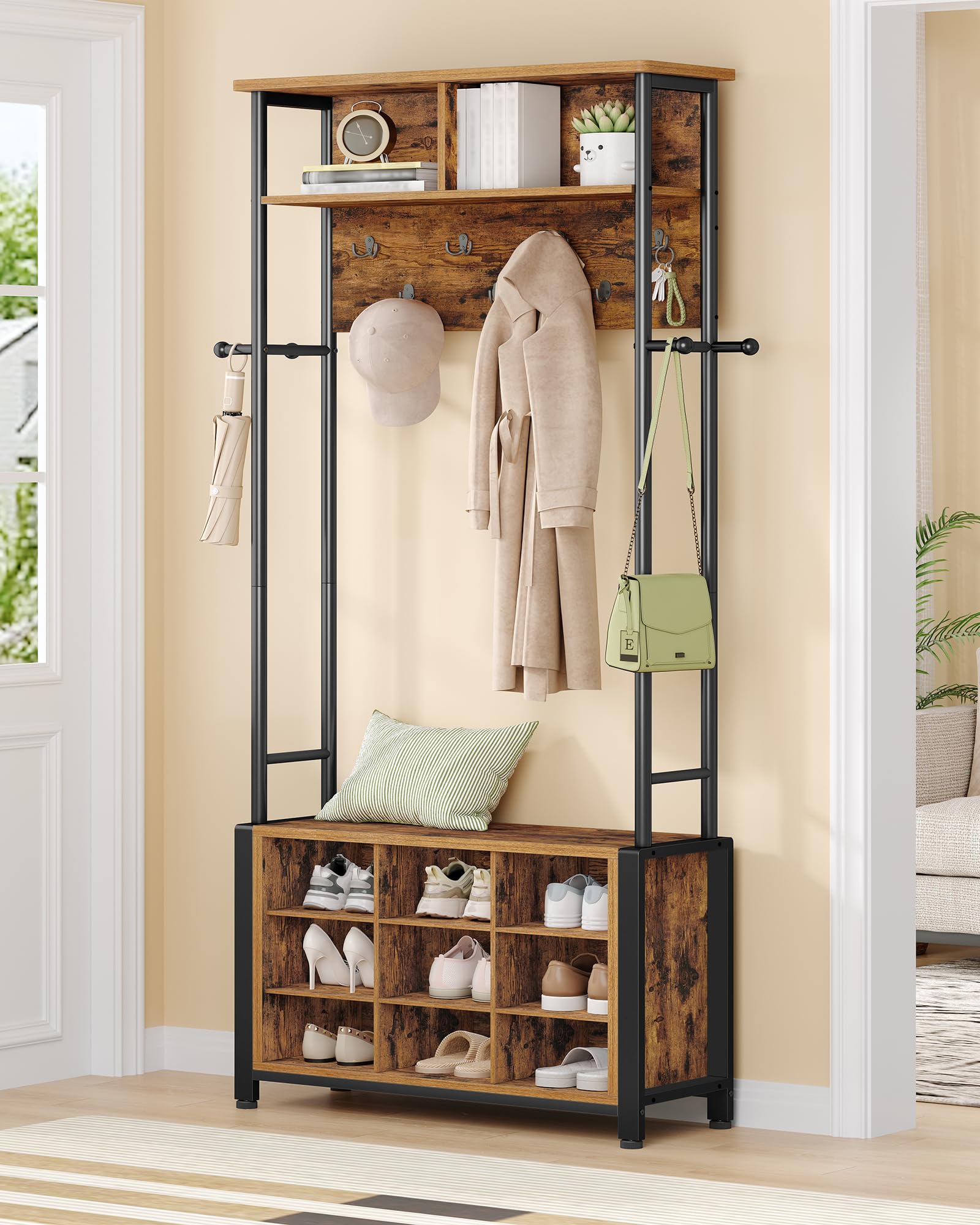 Hzuaneri Coat Rack with Shoe Storage, Hall Tree with Bench, Rustic Brown
