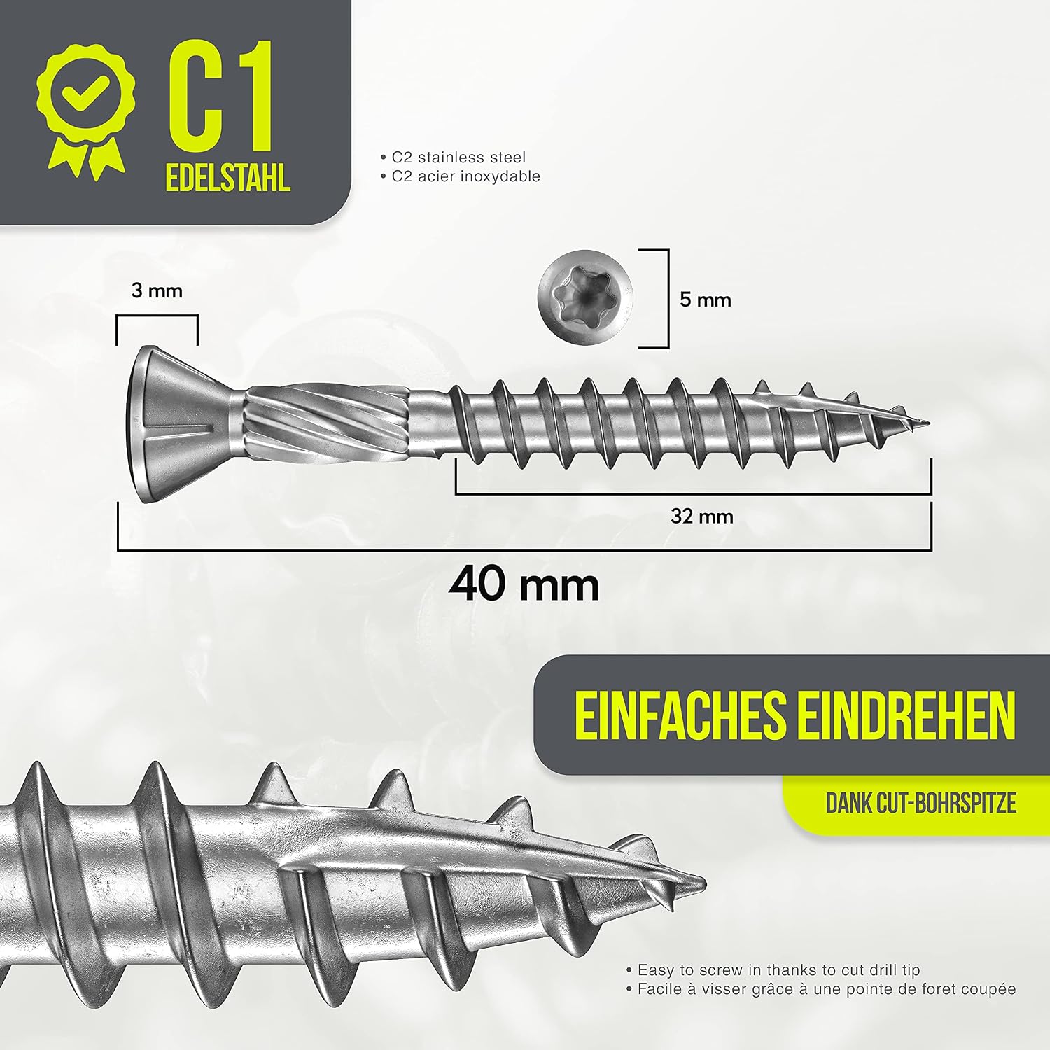 INNONEXXT Premium Stainless Steel decking Screws C1 incl. bit, silver, 5,0x40mm C1 - Image 5