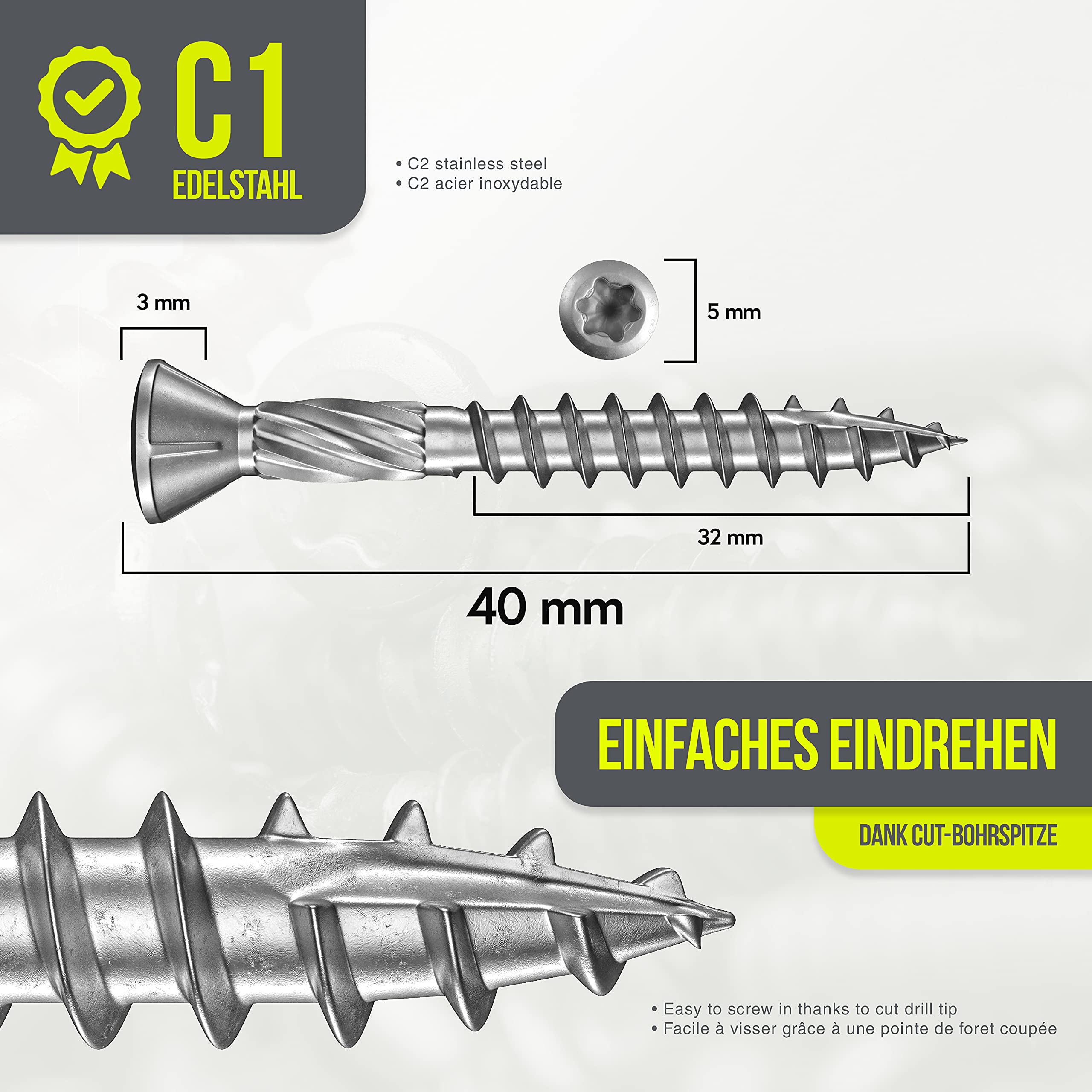 Tornillos para terraza Muesca de corte Torx | C1-5,0x40mm - 200 piezas | Tornillos para tarimas de acero inoxidable de primera calidad con recubrimiento deslizante, tornillo tarima madera
