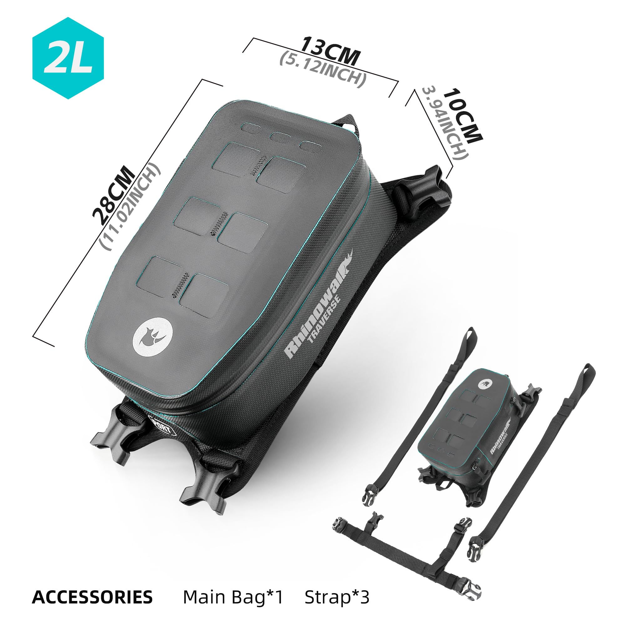 Rhinowalk Motorrad Tanktasche Wasserdicht MCY2601, 2L Tank Bag mit MOLLE-System, Abnehmbarem Innenfutter, Kabeldurchführung, Innenorganisation & Reflektierendem Logo