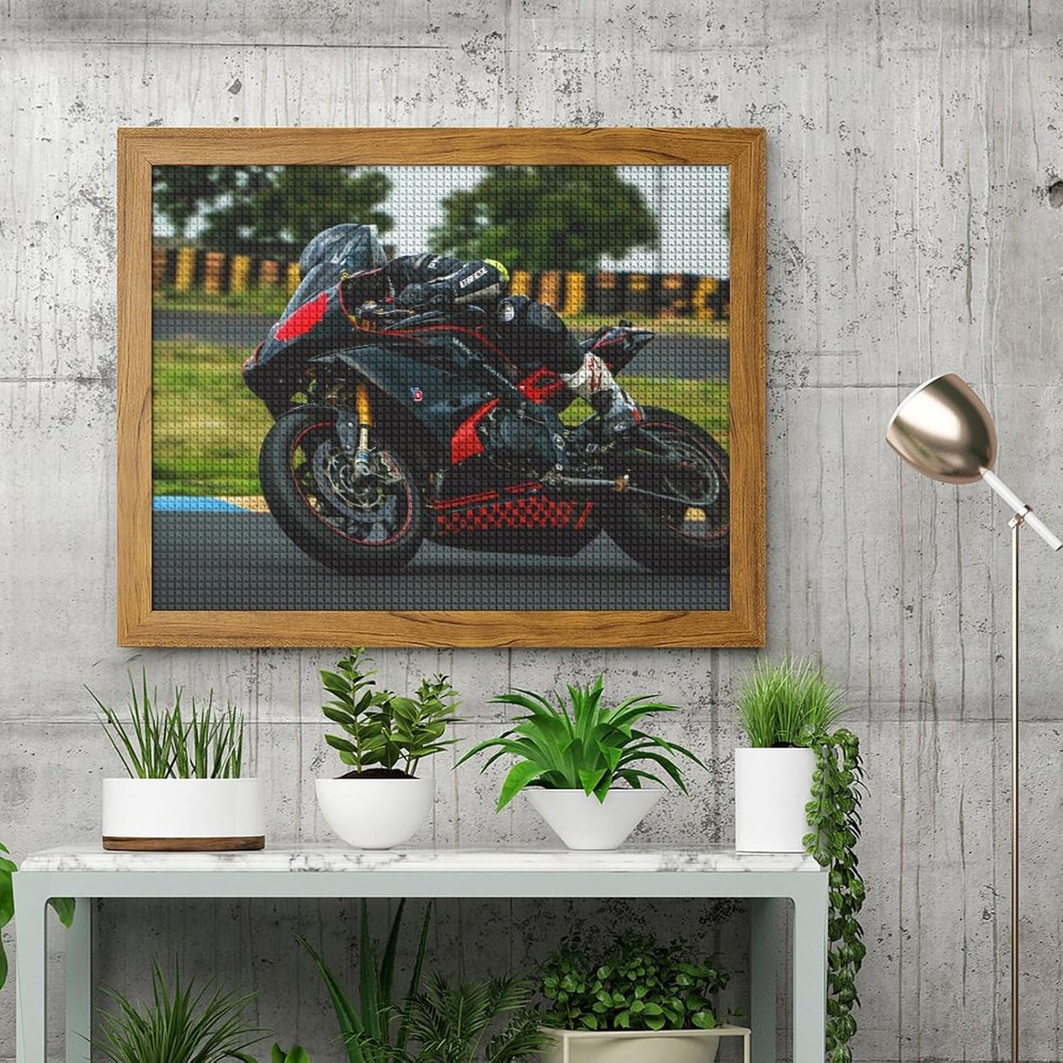 Racing Motorcycle Riding Printed Diamond 5D Painting Kits DIY Full Drill Crafts for Home Wall Decor 16x20 Inch Yellow Wood 50 * 40cm