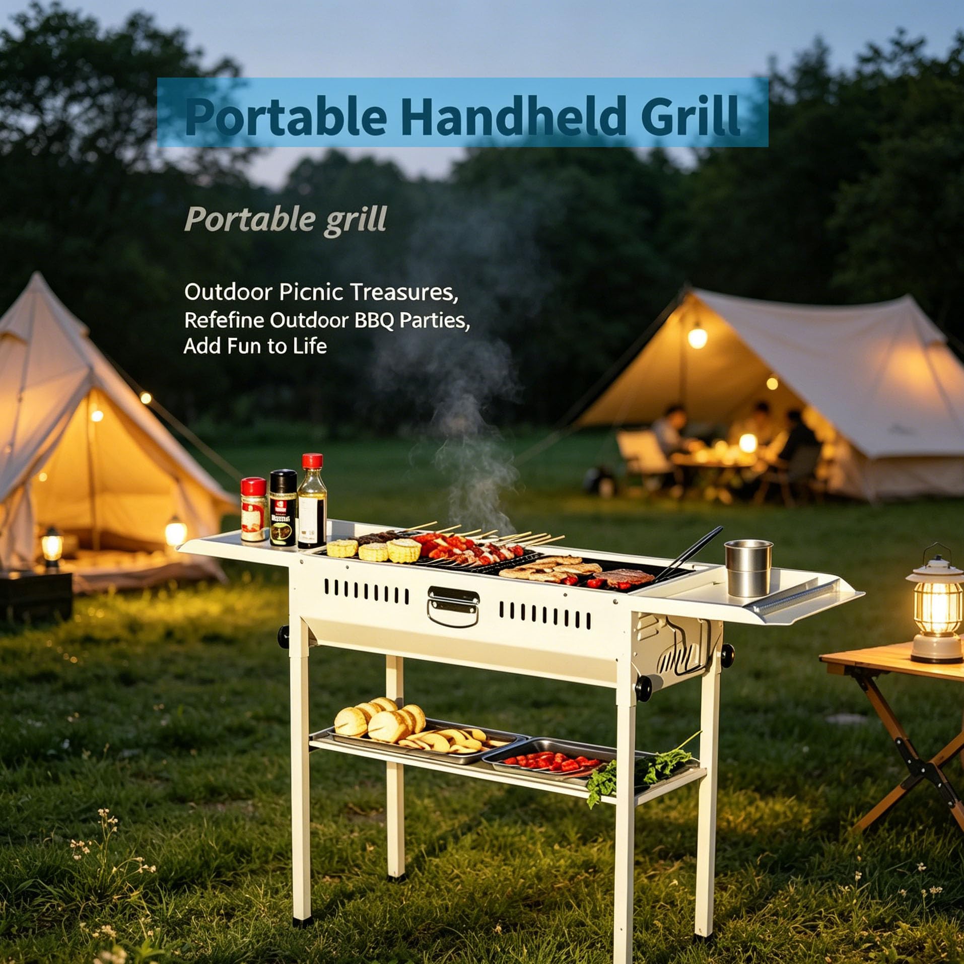 Grill BBQ 2 w 1, składany przenośny grill węglowy z wiatroodporną konstrukcją i tacami do przechowywania na kemping na świeżym powietrzu i do ogrodu