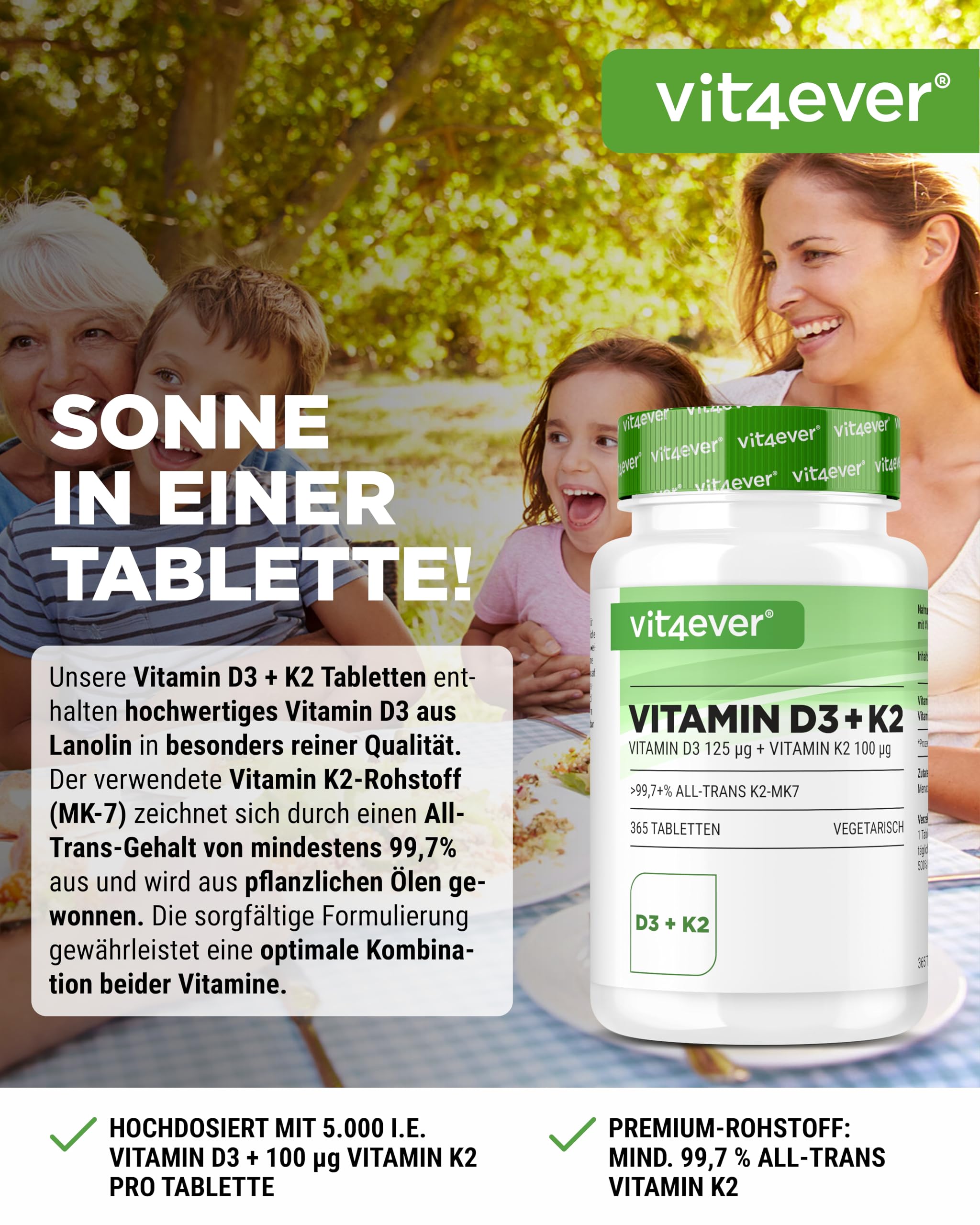 vit4ever Vitamin D3 + K2 Depot - 365 Tabletten - Premium Rohstoff: 99,7+% All-Trans - Mit 5000 I.E. Vitamin D3 pro Tablette - Vegetarisch - Premium Qualität - Ohne unnötige Zusätze | 100 µg Vitamin K2 MK7, aus Lanolin, vegetarisch, ohne unnötige Zusätze &
