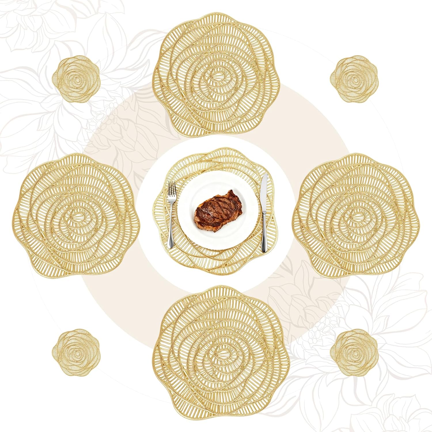 16 Set 15 Inch Round Pressed Vinyl Placemats with Place Mats and Coasters Slip Resistant Metallic Place Mat Coaster Gold Hollow Out Rose Placemat Set for Kitchen Dining Wedding