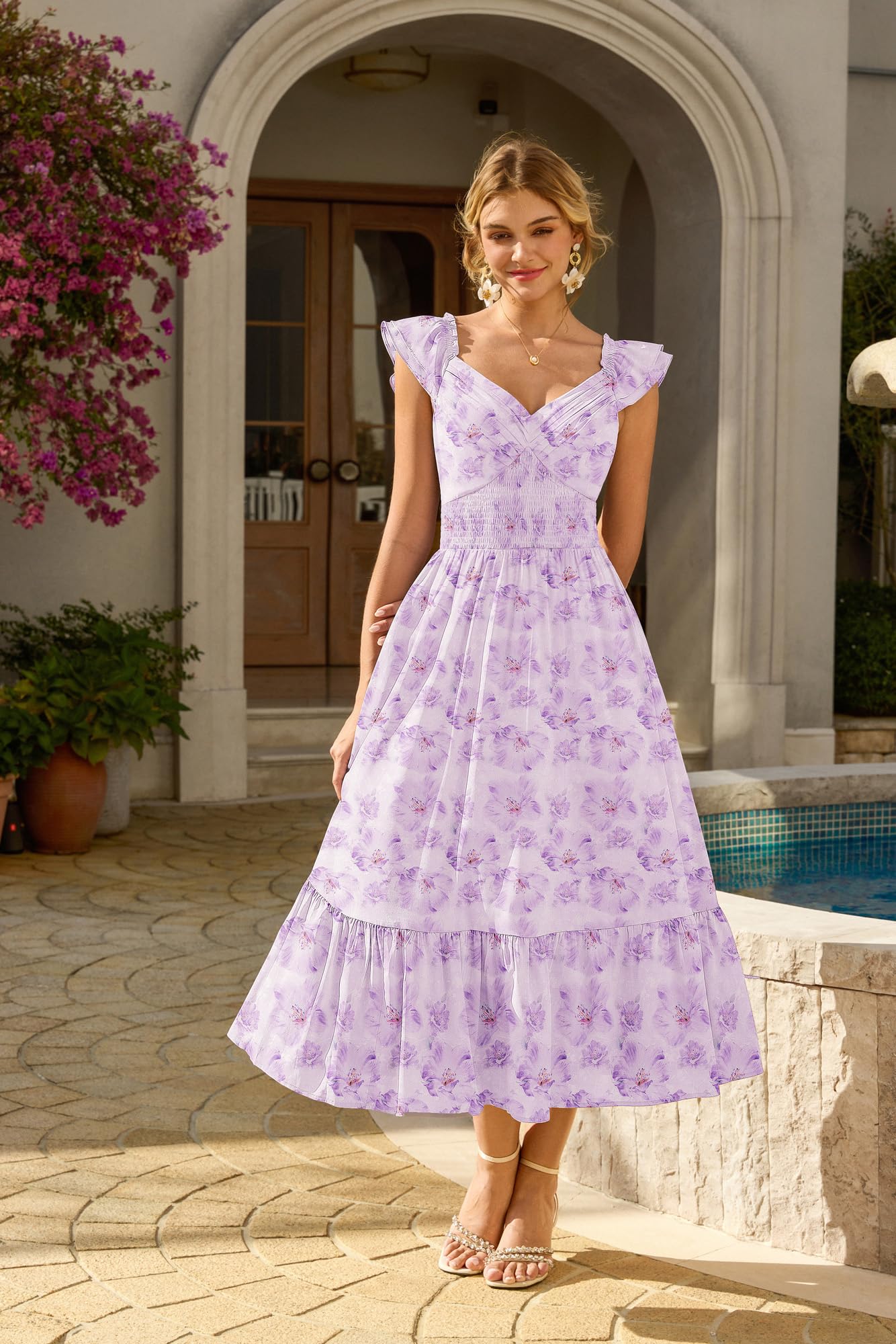GRACE KARIN Damen Elegant Blumenkleid, Rüschenärmel V-Ausschnitt Kleid Damen Sommer mit Tasche, Sommerkleid Damen Leicht Strandkleid