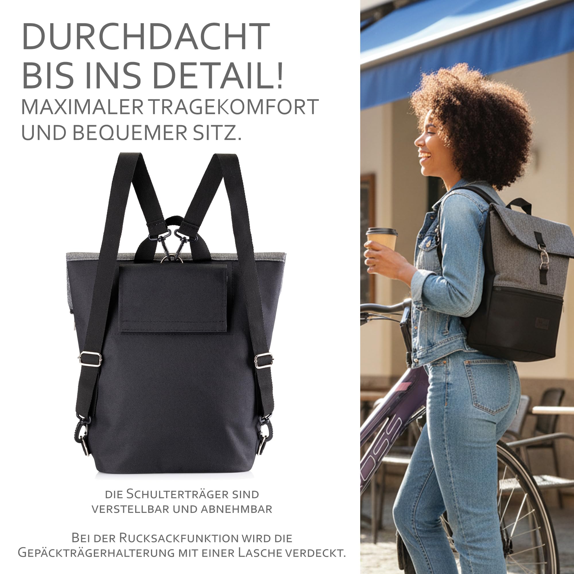 BambiniWelt Fahrradtasche mit Rucksackfunktion – Gepäckträgertasche 20 l, wasserabweisend & leicht zu befestigen, für Arbeit, Freizeit & Sport, für Fahrrad & E-Bike, Farbe: schwarz-dunkelgrau