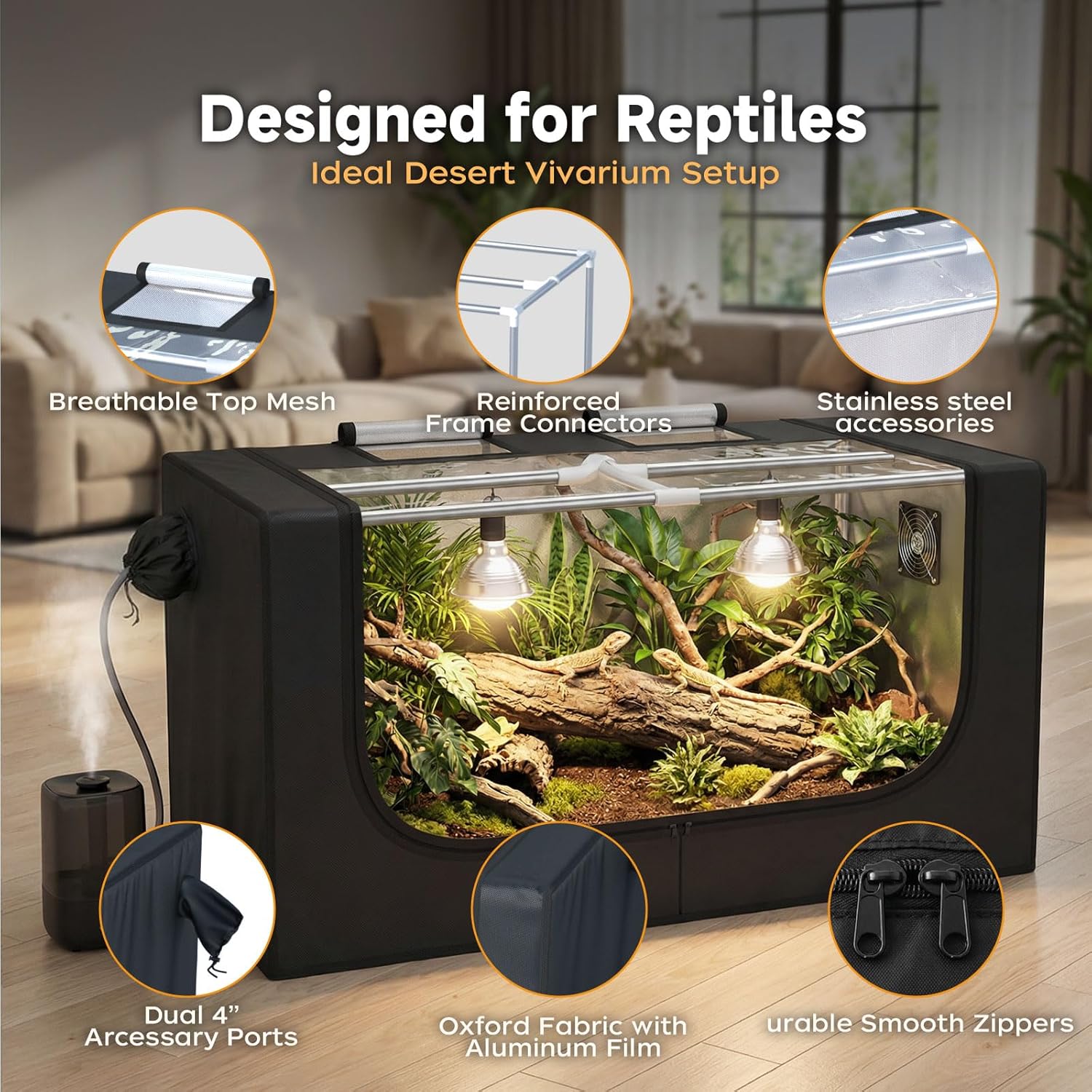 Large Reptile Enclosure Tent, 4 x 2 x 2 ft (48 x 24 x 24 Inch) Habitat with Insulated Cover & Stainless Steel Frame, Dual 4" Accessory Ports for Bearded Dragon, Lizard, Gecko & Chameleon