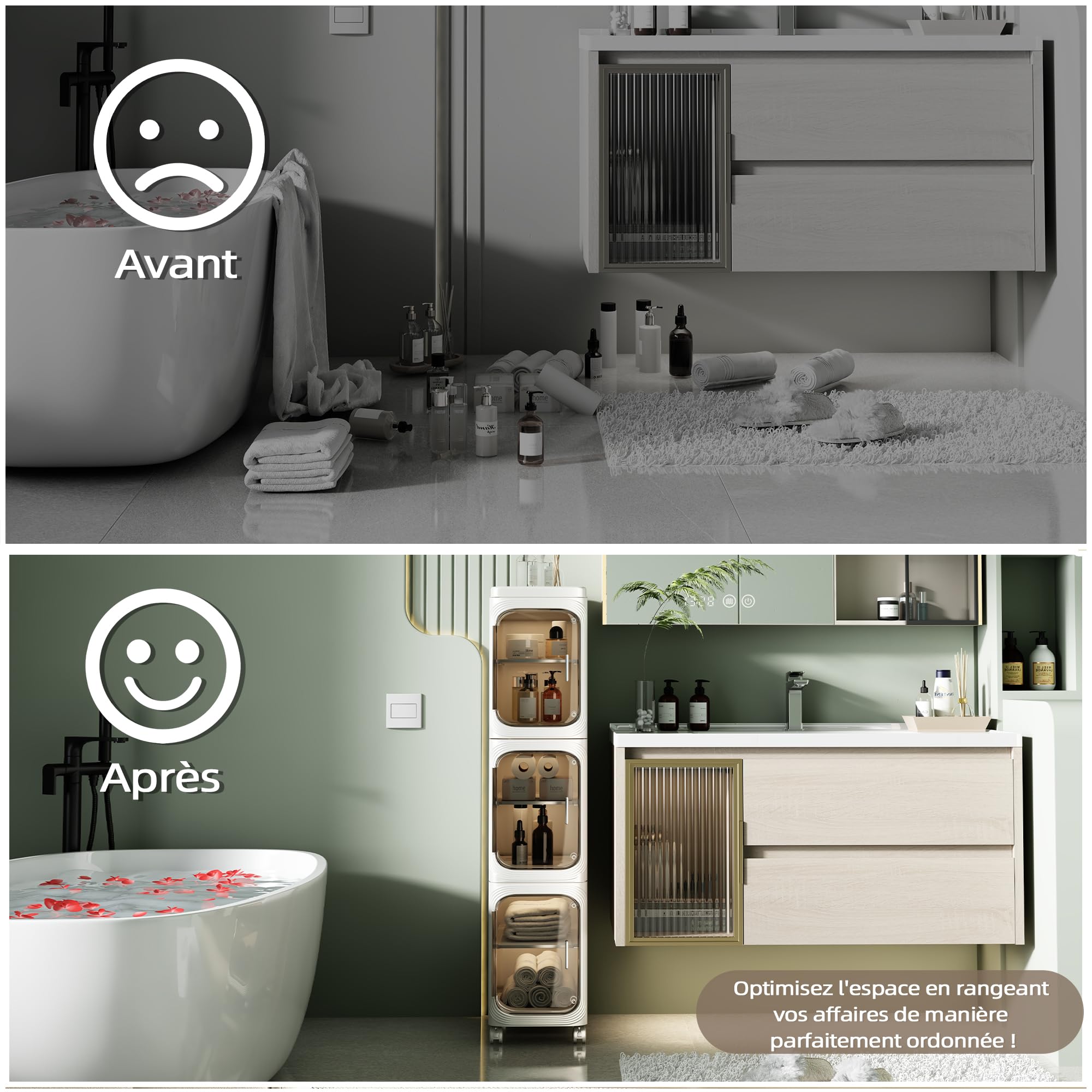 NETEL 3 Niveaux Boite Rangement Plastique，Colonne salle de bain avec séparateurs amovibles，Meuble de Rangement pour Toilette, rangement wc etroit， 20 x 33 x 97 cm, Blanc