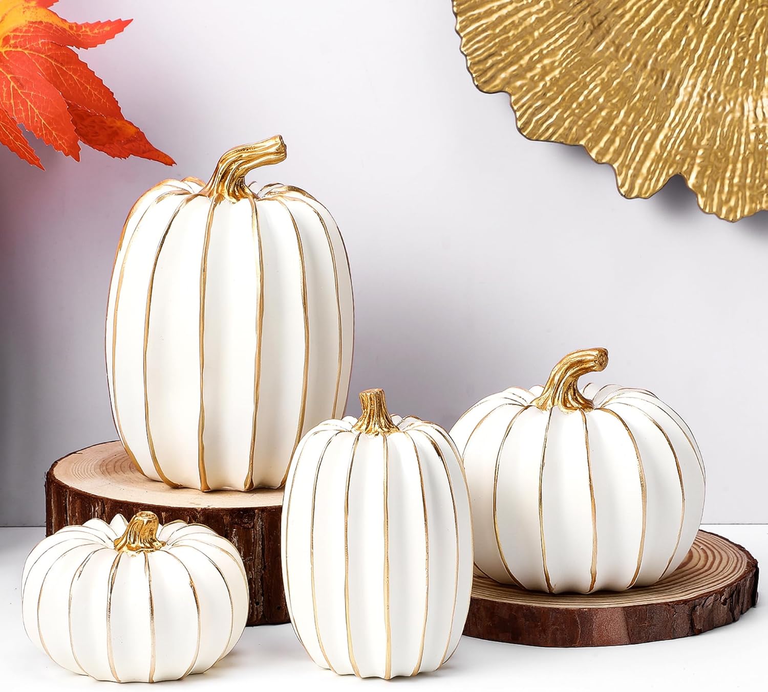 4 Pcs Fall Pumpkin Decor Resin Thanksgiving Fake Pumpkins Figurines for Decorating White and Gold Artificial Pumpkins Table Centerpieces for Farmhouse Home Harvest Decoration Halloween Indoor