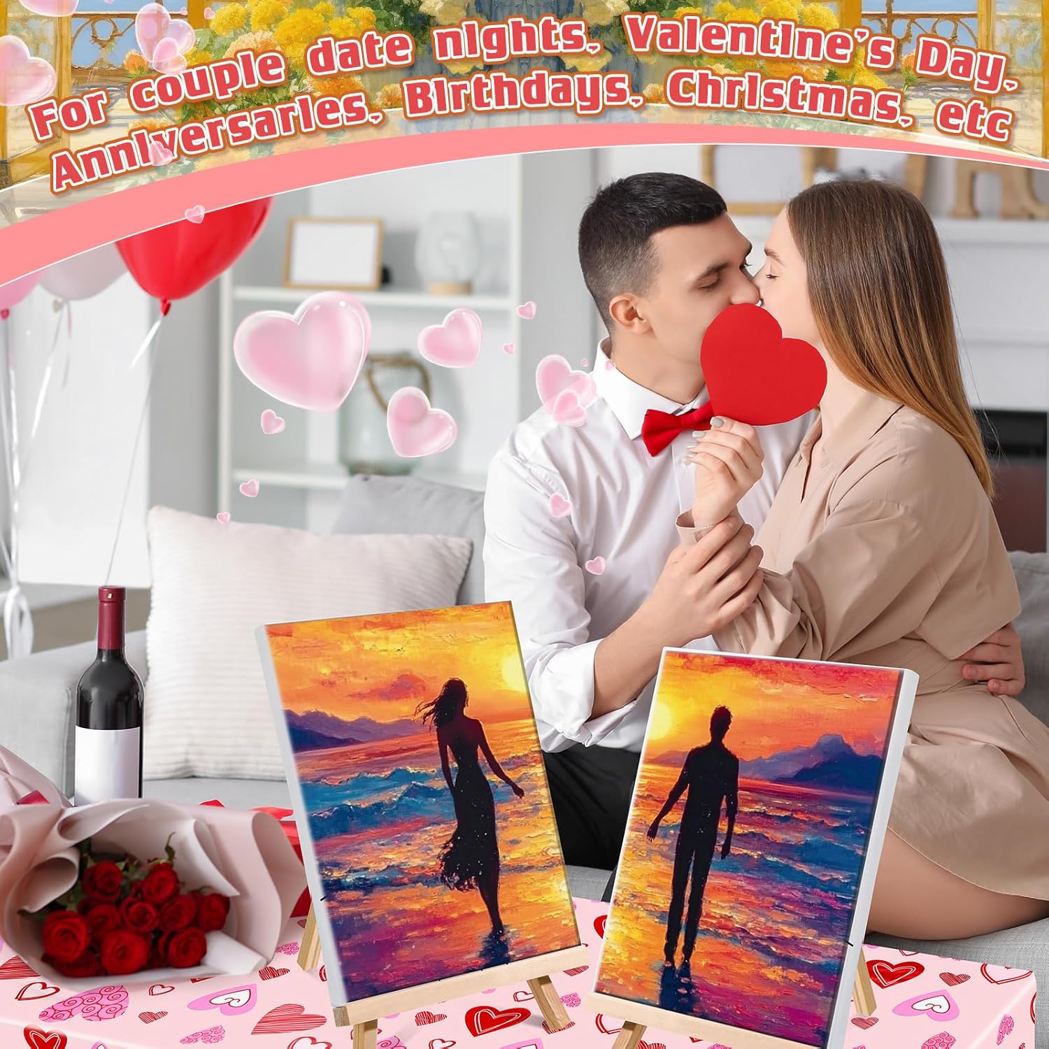 Feifeiyu 17 Pcs Valentines Sip and Paint Kit for Adults 8x10 Couple Painting Kit Art Pre Drawn Canvas Paint for Adults Date Night Party Favor Supplies Galentines Gifts(Seaside Sunset)