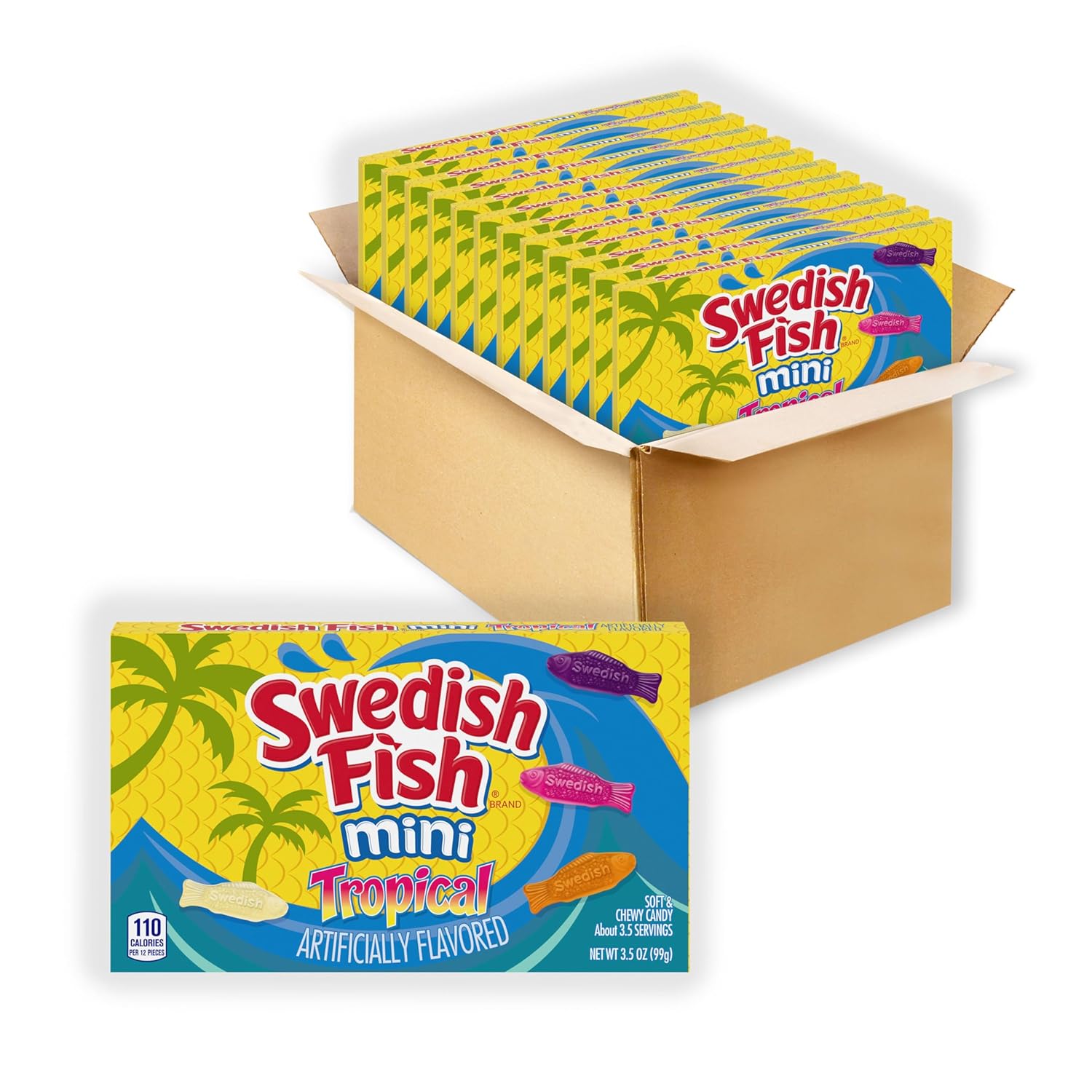 SWEDISH FISH Mini Tropical Soft & Chewy Gummy Candy, Bulk Candy, 12 - 3.5 oz Boxes