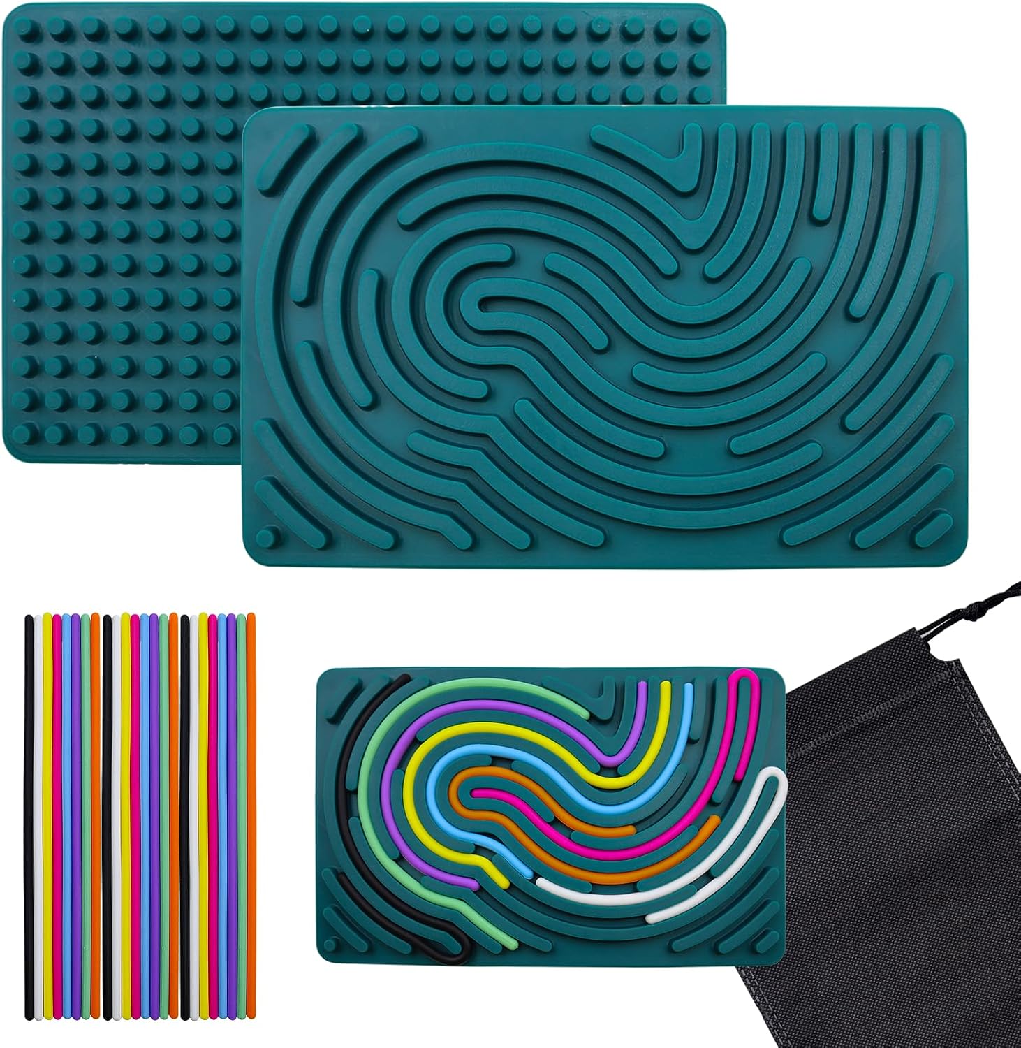 Sensory Activity Board, Silicone, Sensory Activity Board, Montessori Toy, Double-Sided Activity Board with 24 Strings & Travel Bag, Soothing, ADHD, Autism Toy for Children, Dark Green