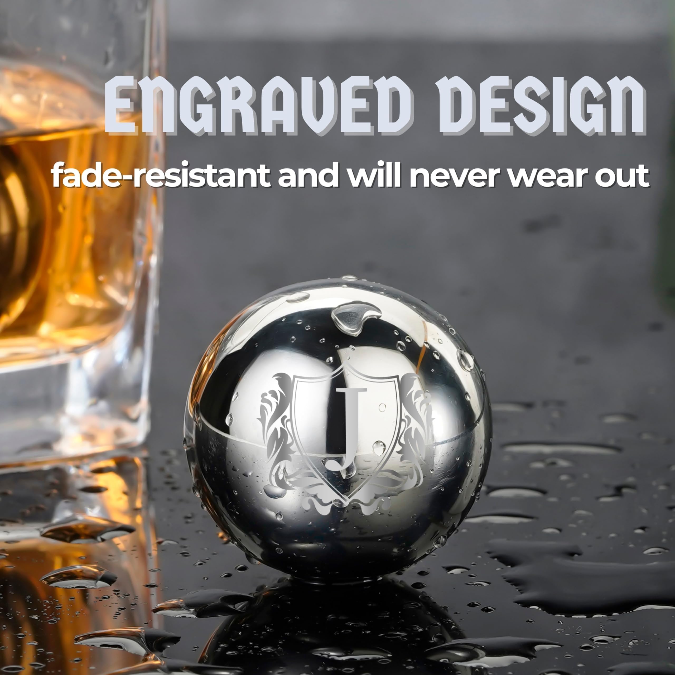 Onebttl Initial Whiskey Stones - 2pcs Round Stainless Steel Ice Rocks with Pouch, for Whisky Lovers, Unique Gift for Men & Women, J