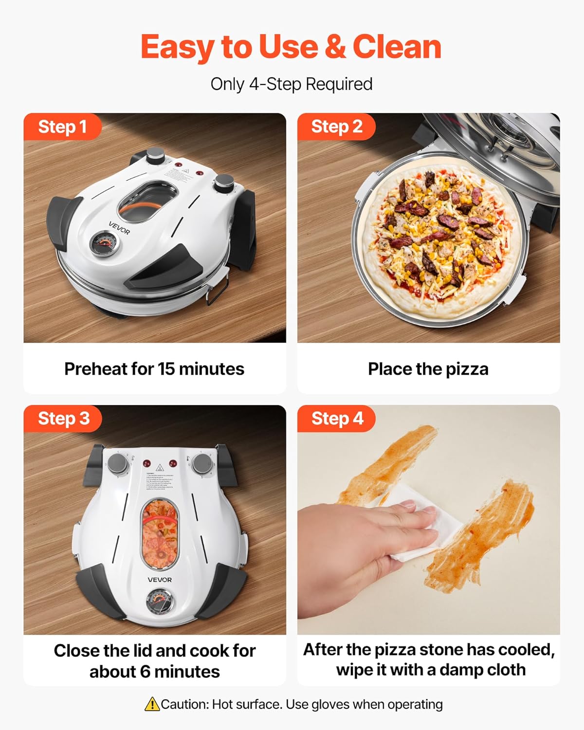 VEVOR Pizza Oven, 12 in Electric Pizza Maker, 1200W Electric Pizzas Cooker with Cordierite Stone, 5-Mode Temperature Control, Viewing Window for Precise Cooking, Heats up to 788 ˚F, for Home (White)