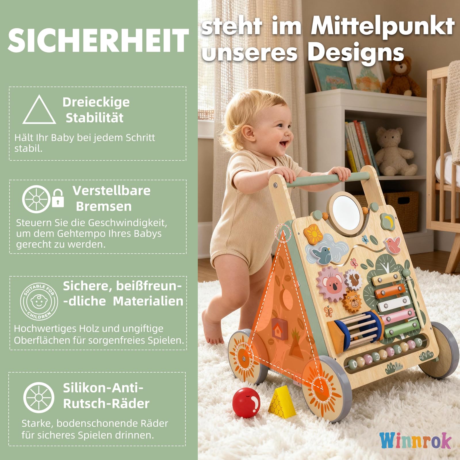 Baby Lauflernwagen Holz, Baby Lauflernhilfe Höhen- und Geschwindigkeitsverstellbar, Montessori Spielzeug ab 1 Jahr, Baby Walker für Jungen und Mädchen, Geschenk zu Weihnachten und Geburtstag