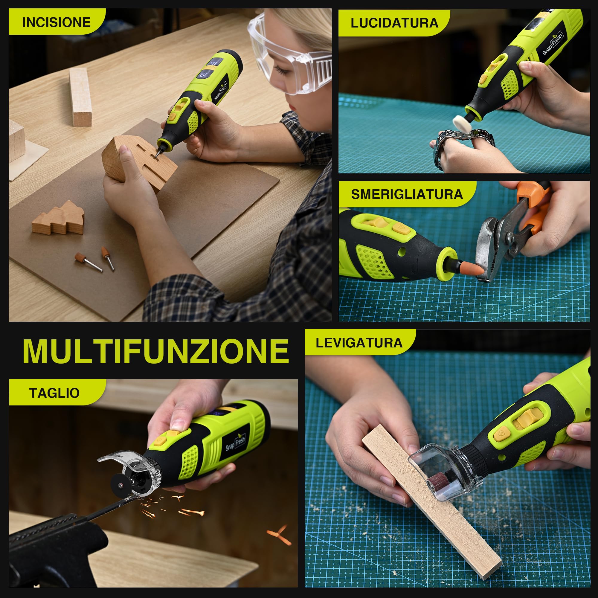 SnapFresh Utensile Rotante Multifunzione 12V Mini Trapano Elettrico, 111 Accessori, Velocità Variabile 5000–32000 giri/min, Display Digitale con Memoria, per Incisione, Levigatura, Lucidatura e Taglio
