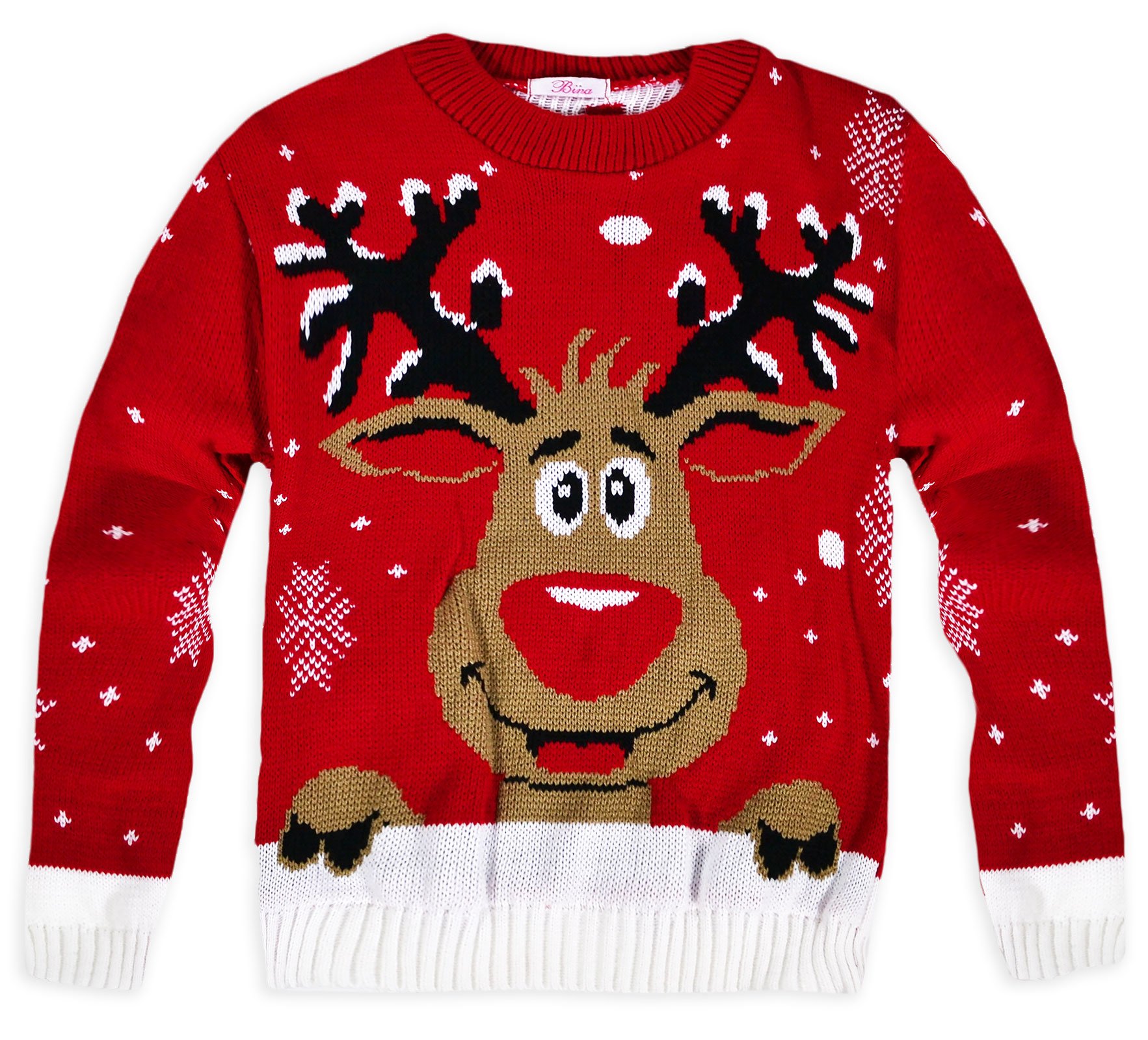 NAZ Fashion Kids Merry Christmas Knitted Jumper Reindeer Rudolph Top Snowflake Pom Pom Xmas Sweater Rudolph Red-9-10 Years