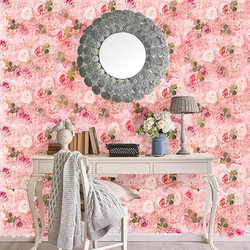 Miniatura 8 de Omldggr Paquete de 12 paneles de flores blancas y rosas de 12 x 16 pulgadas para pared, pared floral rosa para fiesta en el hogar, boda, fiesta