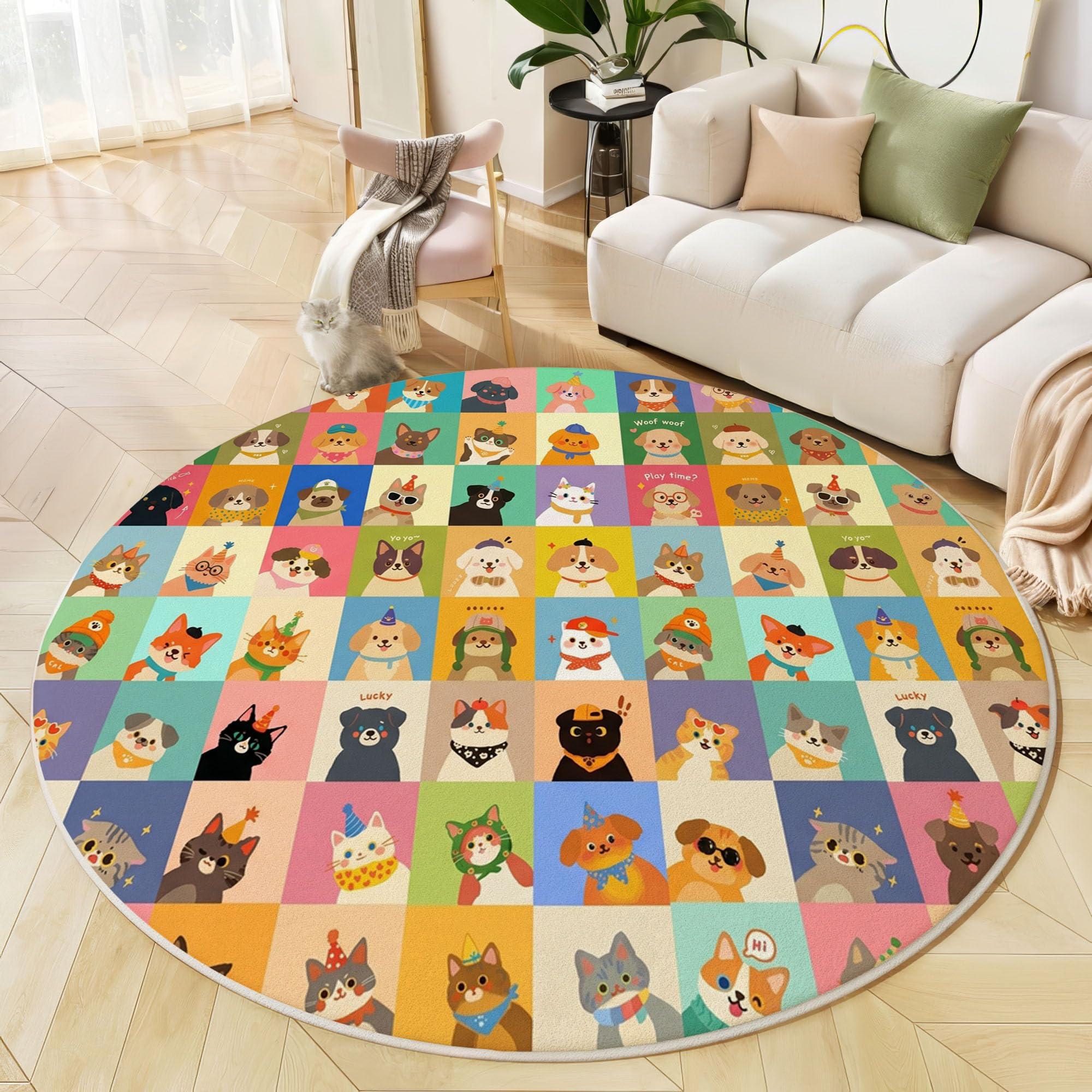 Tapis Rond Patchwork Animalier Amusant Jaune Salon 100 Cm | Tapis Antidérapant Chats Et Chiens Mignons Pour Chambre Enfant Salle Jeux Décoration, Moquette De Sol Poil Bas Lavable
