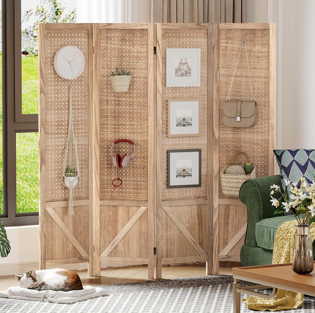 Salfanre 4 Panel Pegboard Room Divider, Privacy Screen Freestanding