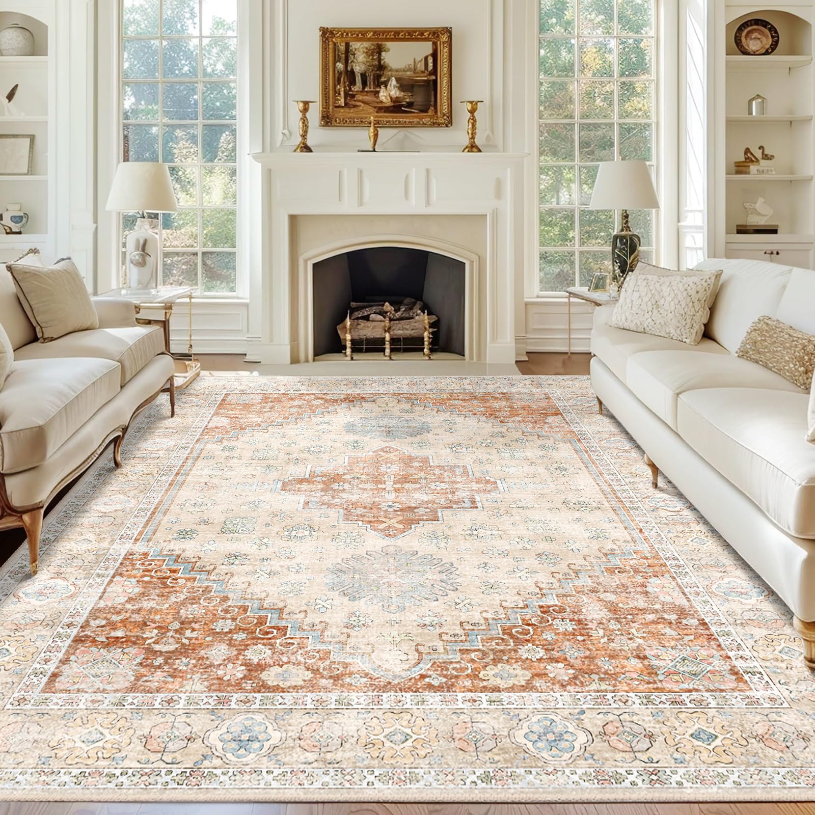 MUJOO 8x10 Area Rugs,Washable Rugs for Living Room Dining Room Bedroom,Large Boho Throw Carpet,Non Slip Big Indoor Low Pile Terracotta