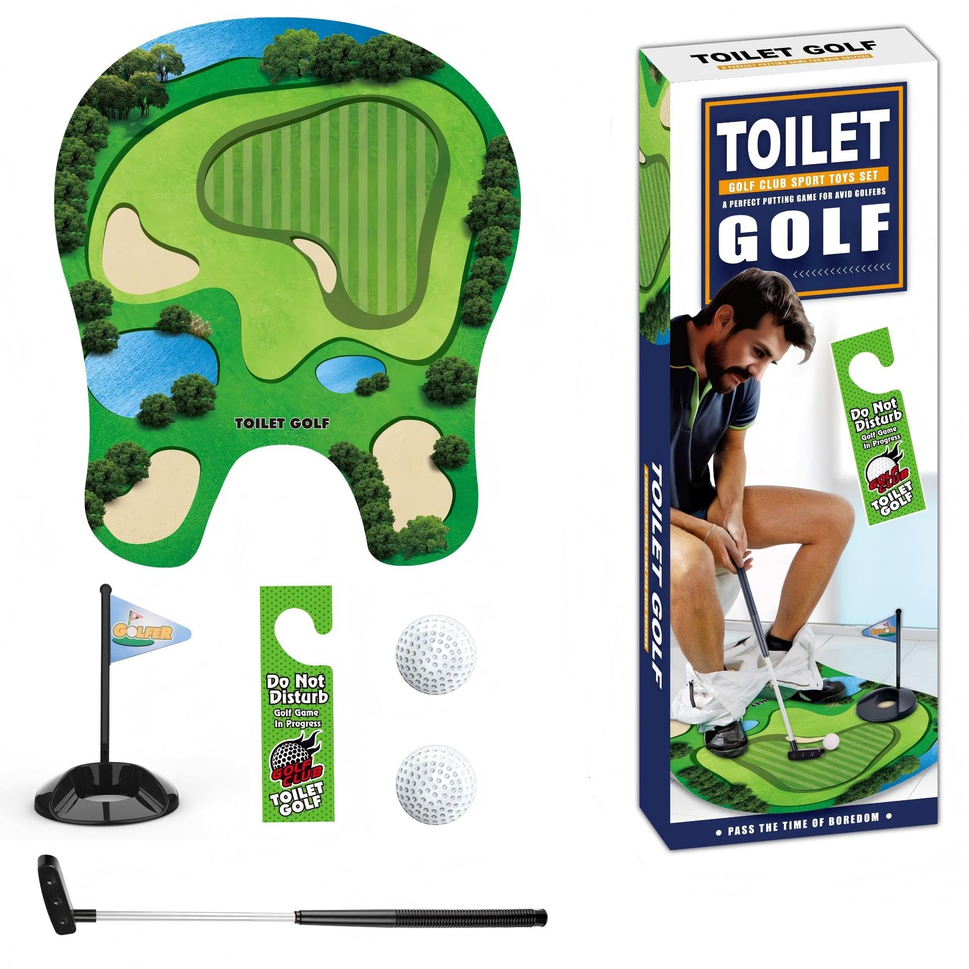 Golf Toilet Game Set 6 Pezzi, Divertente Minigolf Regalo Uomo con Mazza 65 cm, Tappetino, 2 Palline
