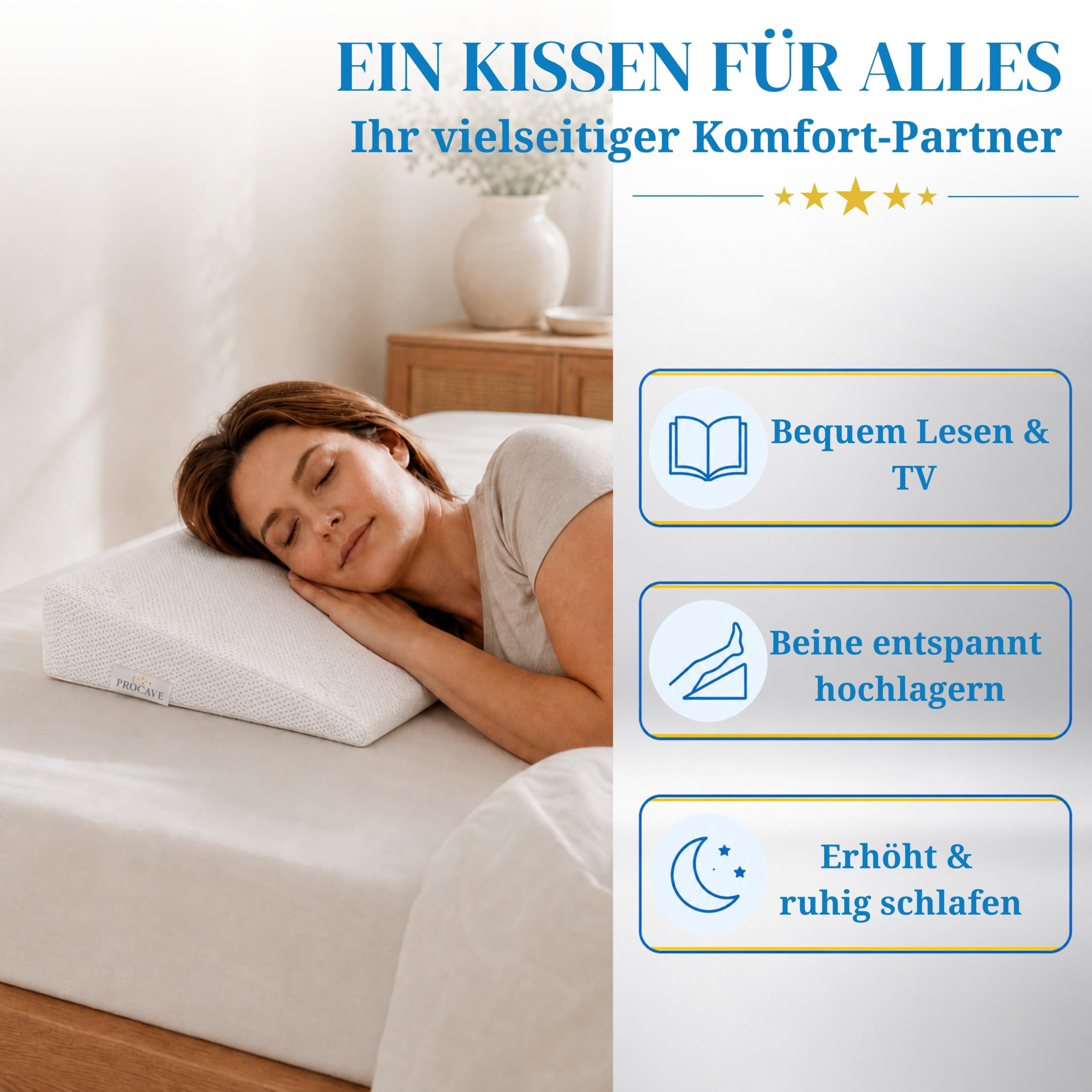 PROCAVE Bettkeil mit Bezug aus Silver Protect-Doppeltuch | Breite: 180 cm x T: 45 cm x H: 15/1 cm | Made in Germany | keilförmiges Schaumstoffkissen für Betten und Wasserbetten