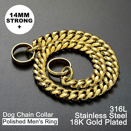 Miniatura 6 de Collar de cadena dorada para perro, cadena de eslabones cubanos de acero inoxidable, eslabones de metal de 0.555 pulgadas, collar de cadena