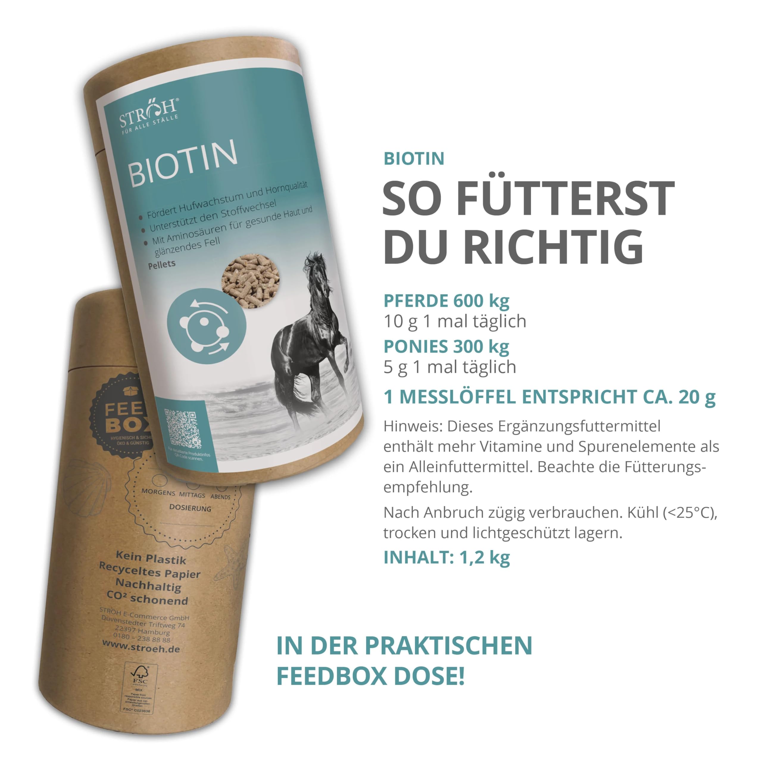 STRÖH Biotin für Pferde - Mit Aminosäuren + Zink - 1,2 kg Feedbox Dose
