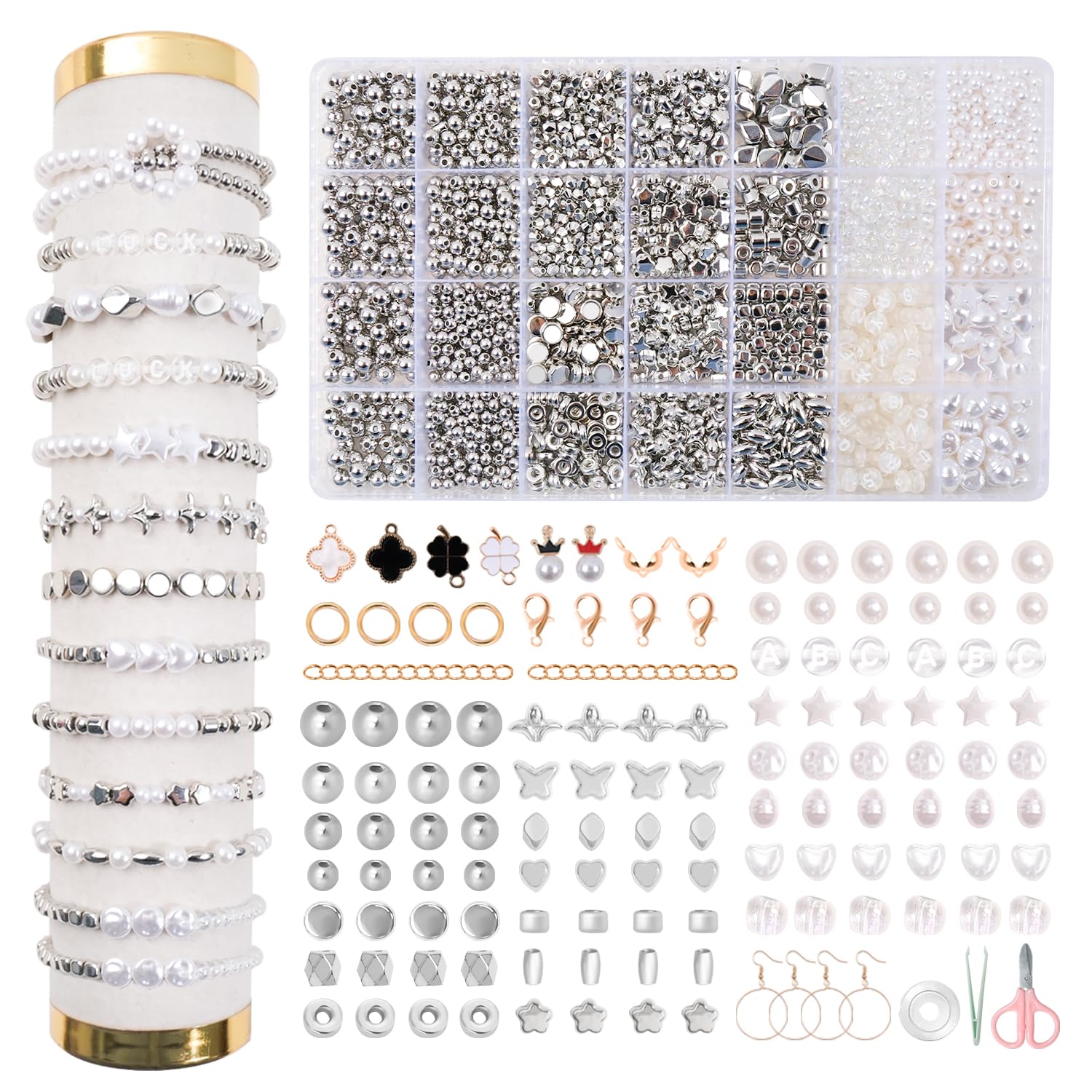 JHWELRG Selber Machen Perlen für armbänder Weiße Perle Schmuckherstellungs Set,Silber Armband Perlen Set zum Auffädeln Kit,Geschenke für Kinder Erwachsene Feiertage,Partys,Weihnachten,Partys,Ostern