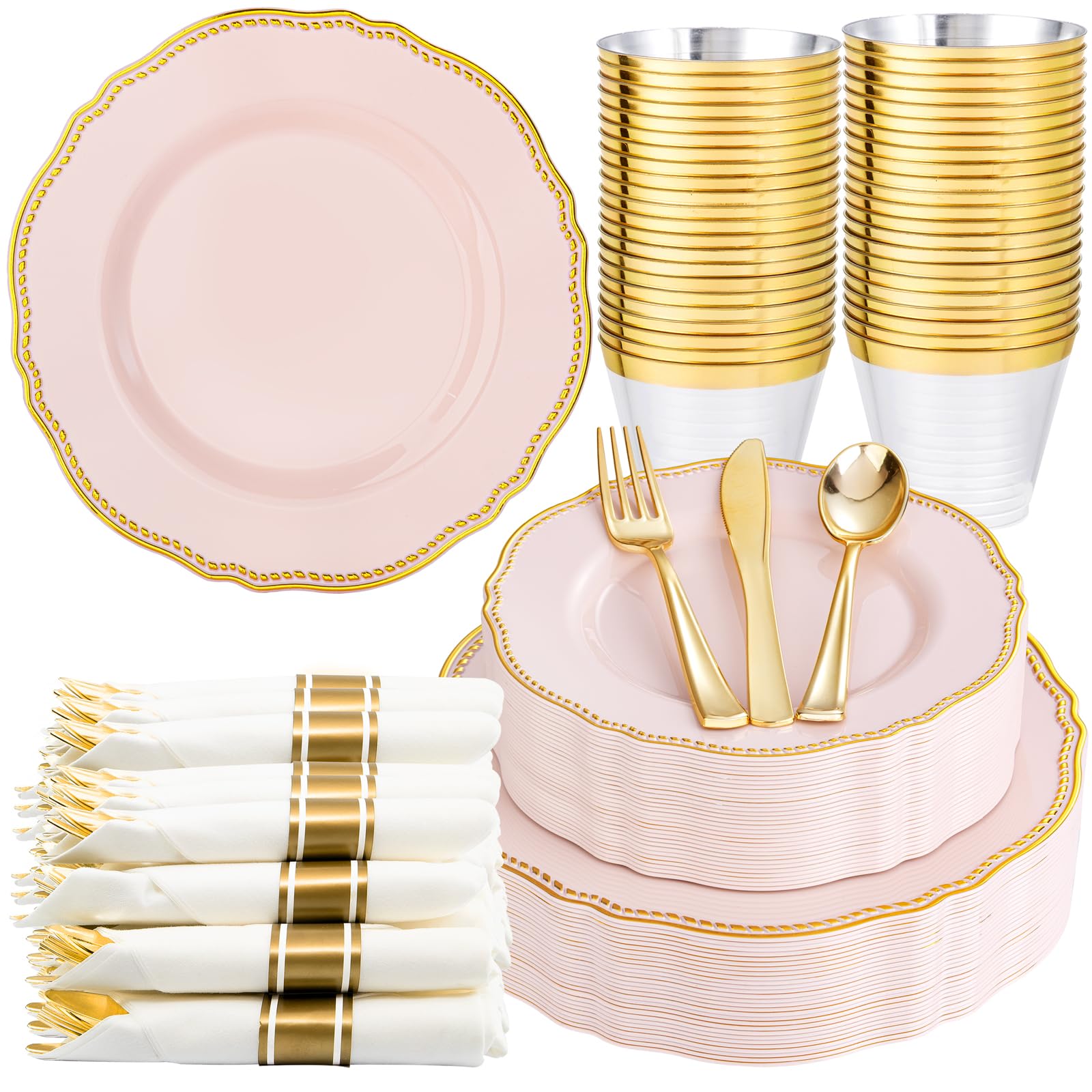 Hioasis 175pcs Pink and Gold Plastic Plates - Pink Plastic Dinnerware Set Includes 25 Dinner Plates, 25 Dessert Dinnerware, 25 Cups, 25 Napkins
