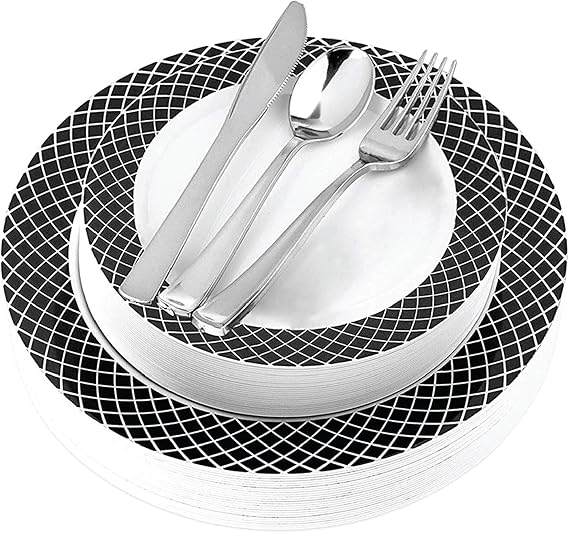 125Piece White and Black Fancy Plastic Plates Disposable
