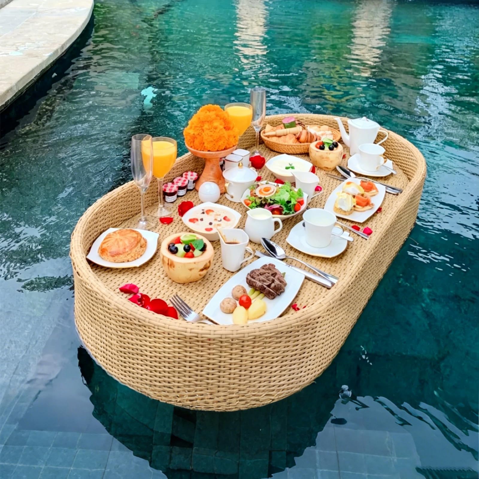 Floating Tray for Pool – Heavy-Duty Floating Pool Tray for Food and Drinks, Spill-Proof Floating Drink Holder for Pool, Swim Up Bars for Pool, Adult Swimming Accessory oval-apricot