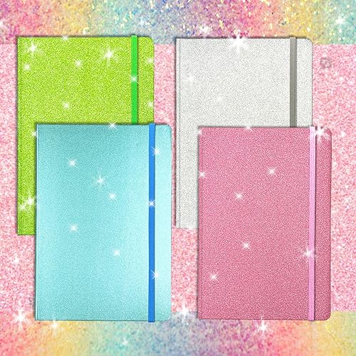 Miniatura 8 de Paquete de 4 cuadernos con purpurina, 8.3 x 5.7 pulgadas, 160 páginas rayadas con purpurina que nunca se despegan, diario brillante para niñas,