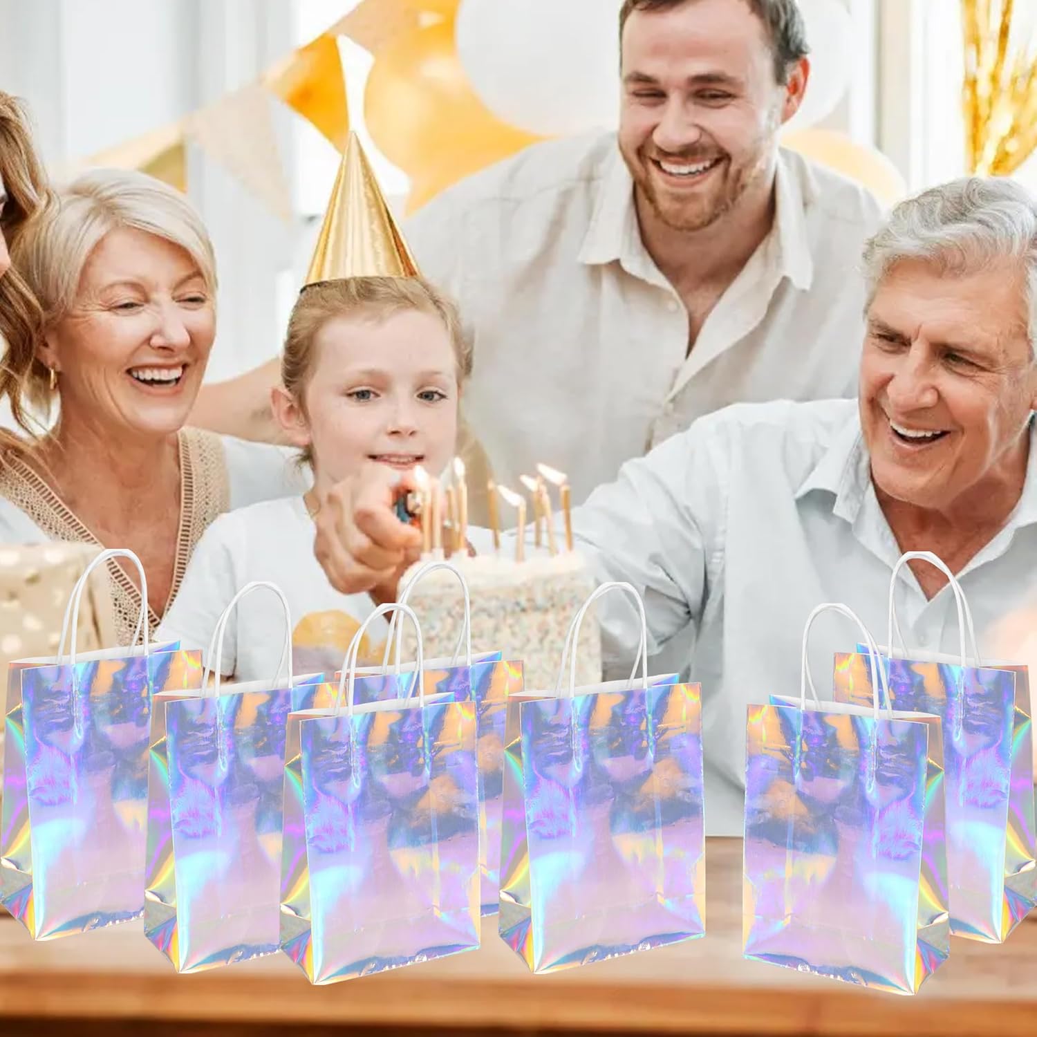 Hitkmi 24 Pcs Holographic Party Favor Bags Bulk, Iridescent Gift Bags, Small Silver Holographic Iridescent Goodie Paper Snack Candy Bags with Handles for Birthday, Baby Shower, Wedding - Image 3