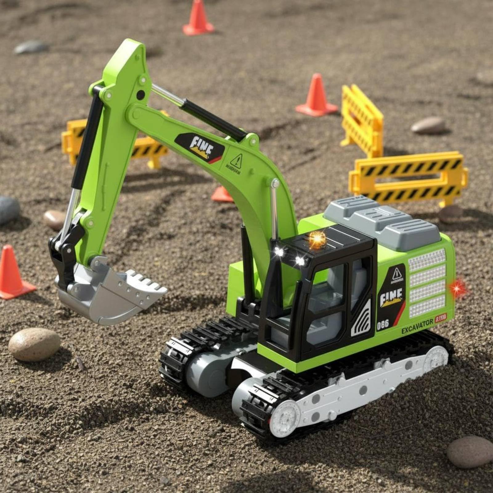 Mini Escavatore Veicolo da Costruzione Telecomandato per Bambini con Braccio Mobile Rotazione Effetti Luci Automatico Adatto a Gioco Educativo Interno Esterno, Verde