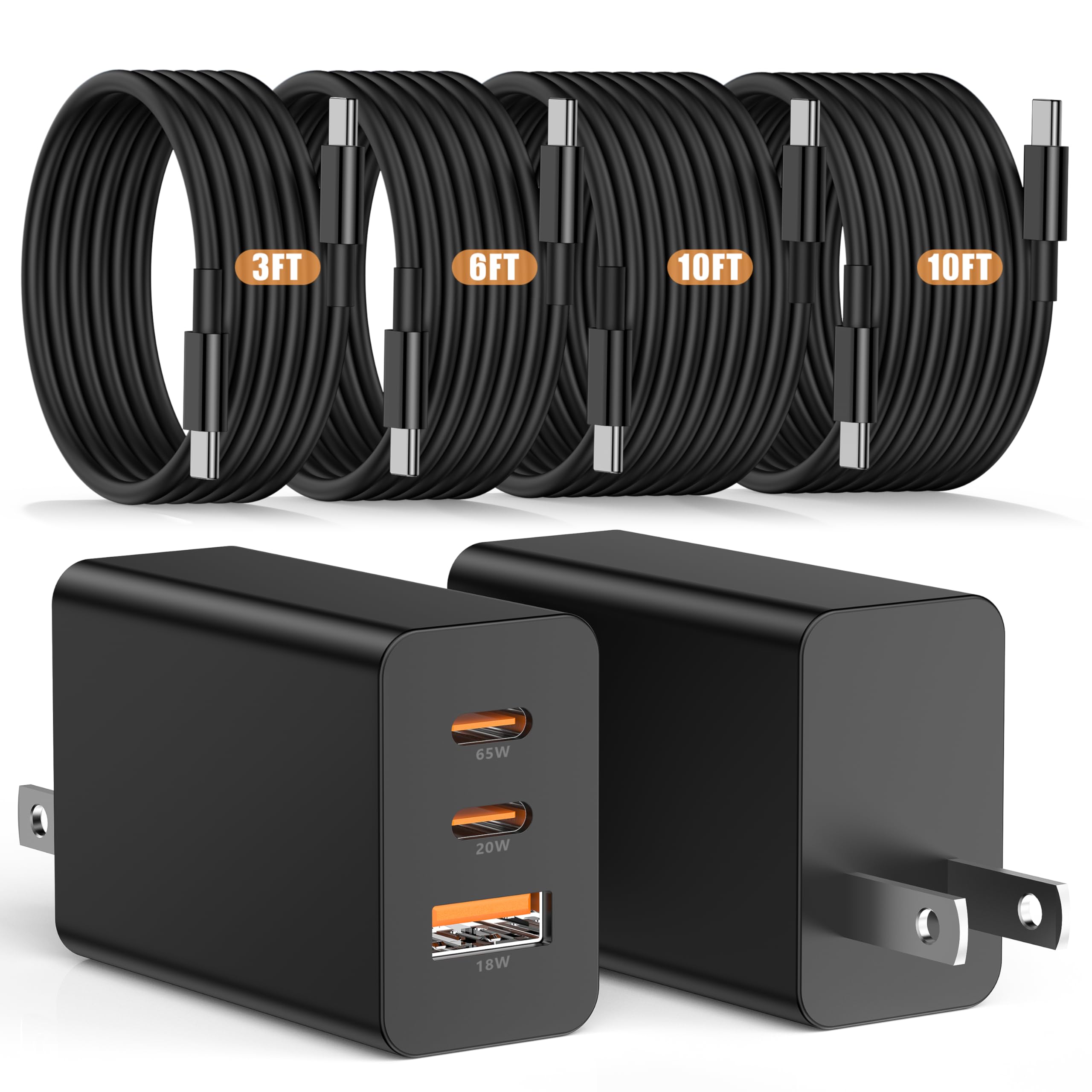 Susnwere 65W USB C Wall Charger for Samsung S26 Ultra,3 Port 100W PD Quick 3.0 Type C Charging with 3/6/10/10FT USB C Cable for Samsung Galaxy S26+/S25/S24/S23 Ultra/S22/S21/S20/Android Phones
