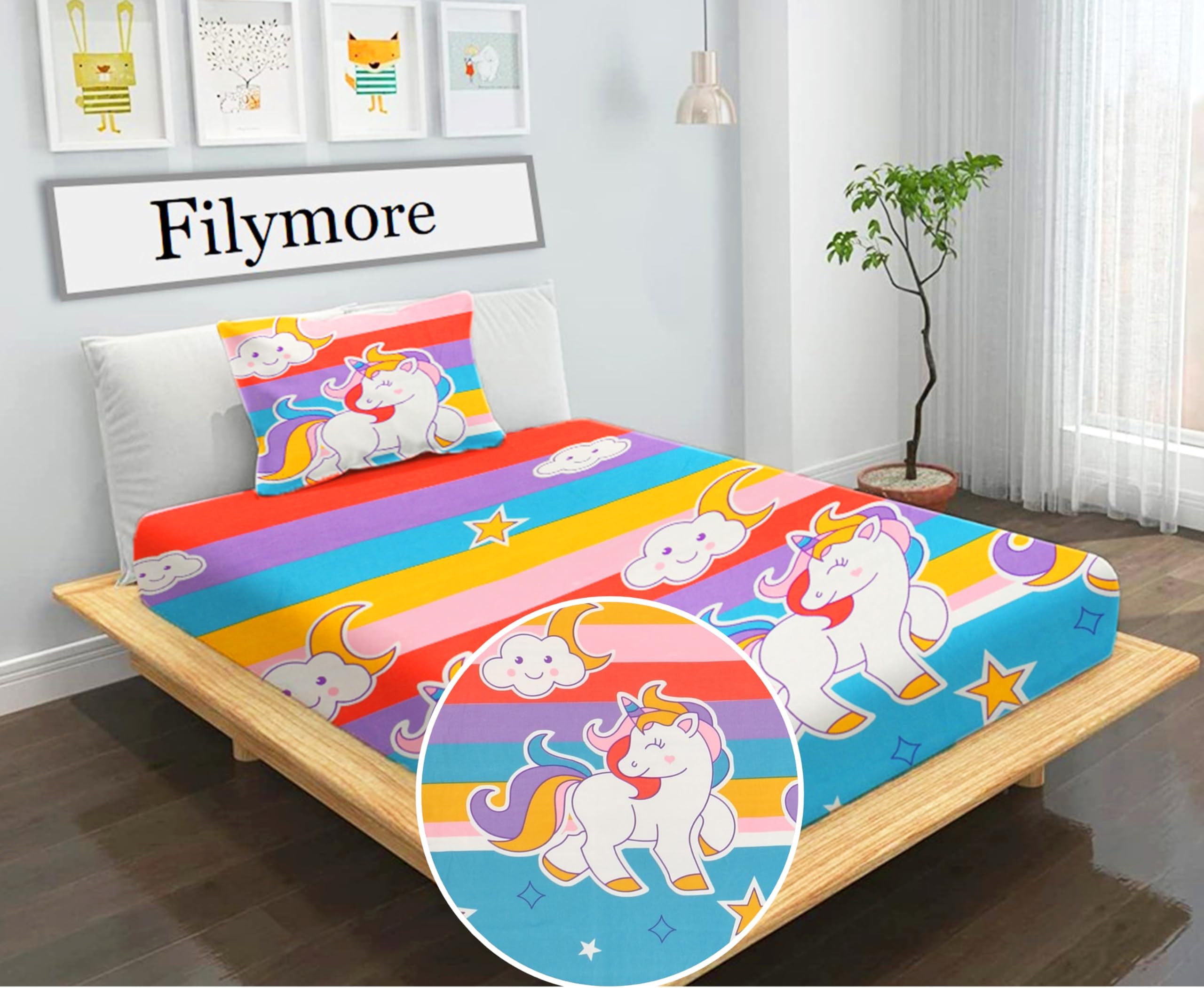 Filymore Unicorn Single Bedsheet for Kids 240 TC Cute Cartoon Design for Girls Room Single Bedspread Made with Pure Microfiber (Size 60 X 90 Inches) 1 Bedsheet with Pillow Cover (Color-Multicolour)