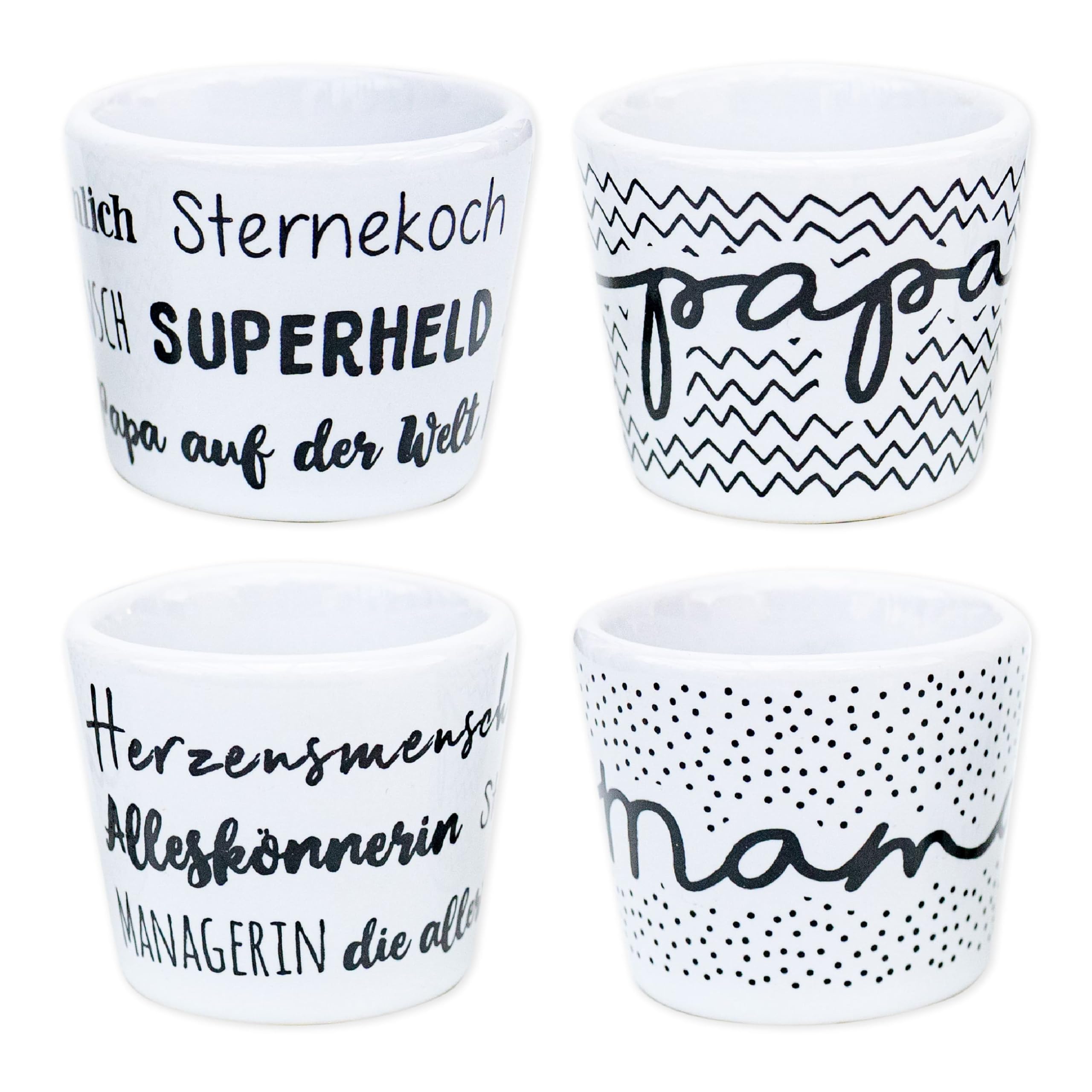 Papierdrachen - 4er Set Eierbecher Porzellan - Mama & Papa - Geschenk für Eltern - mit Motiv innen - Frühstücks-Set - Weiß Schwarz