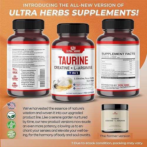 Miniatura 6 de Suplemento de taurina de 16,400 mg con creatina, L-arginina, L-citrulina, panax ginseng, pimienta negra para corazón, nervio, cerebro, bienestar