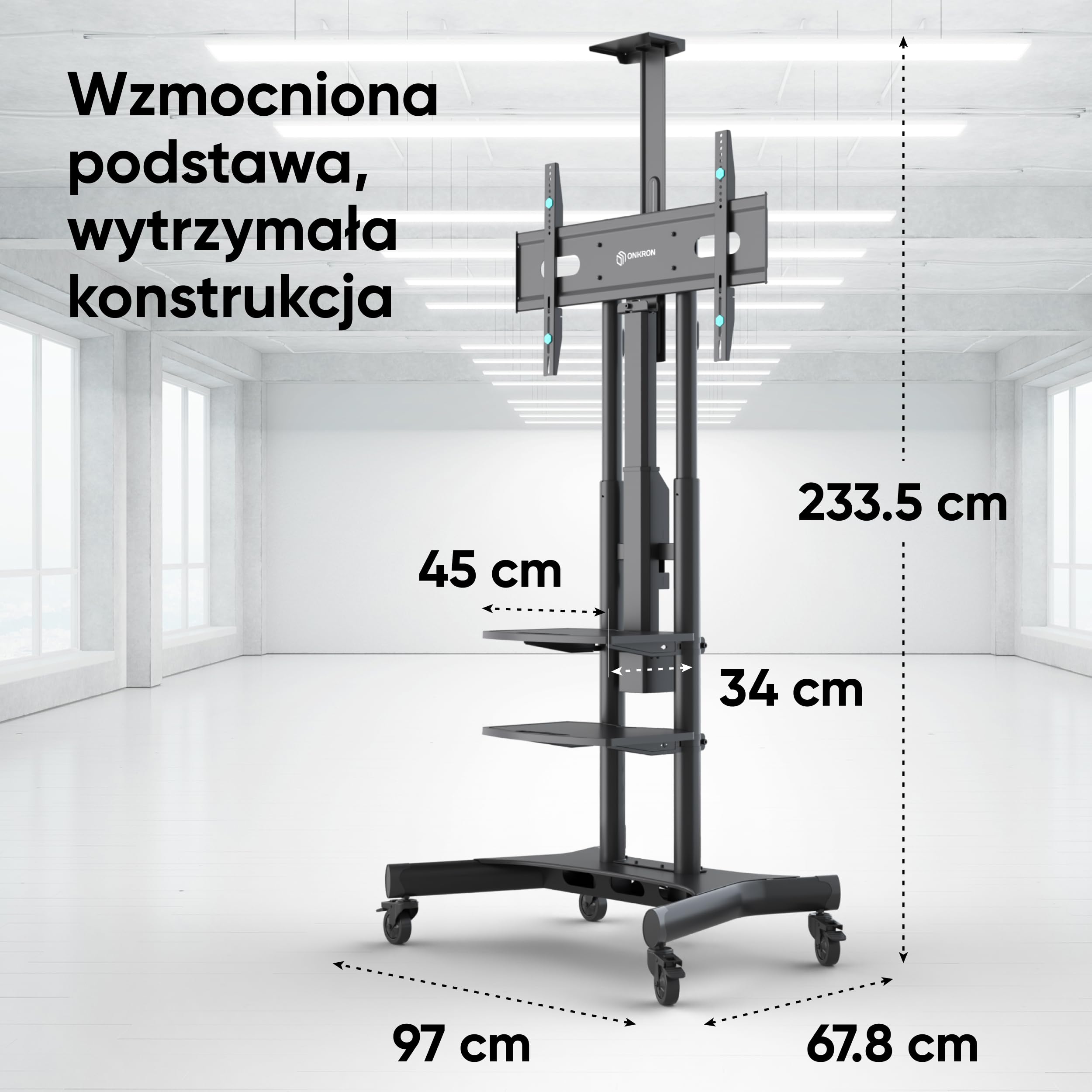 ONKRON Mobilny Stojak TV na Kółkach do Ekranów 50-86 cali, maks. Obciążenie 105,9 kg, Elektryczny Wózek z Pilotem, VESA 200x200-800x500, Regulacją Wysokości, Czarny TS1881E-B