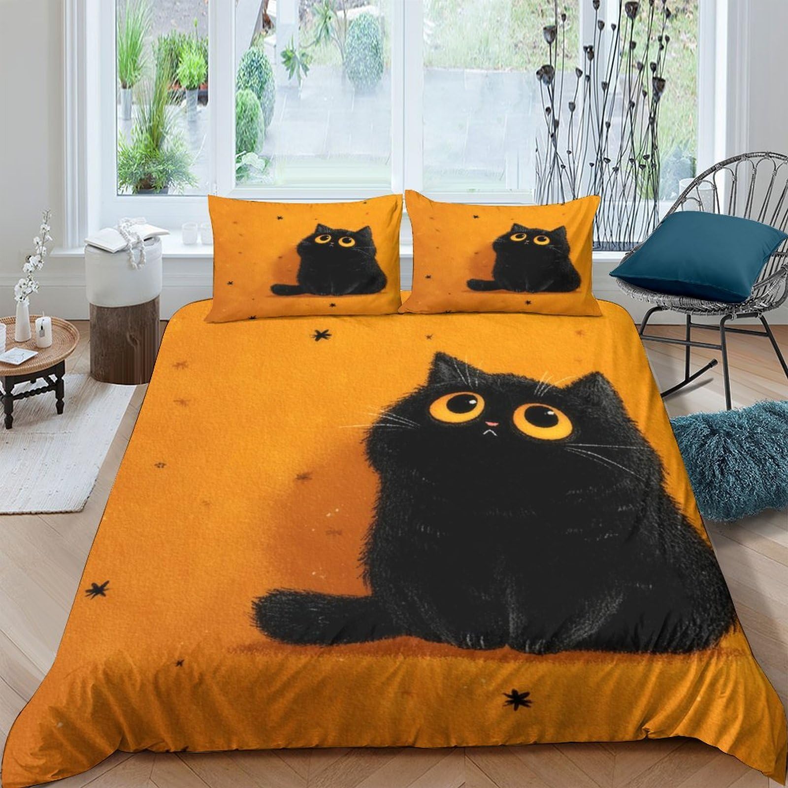 Ctjqhvkz Style-10 3D Printed Black Cat Fitted Sheet Microfiber Orange Bedroom Decor Mattress Cover For Adult Teen Dorm Home Single（135X200cm）